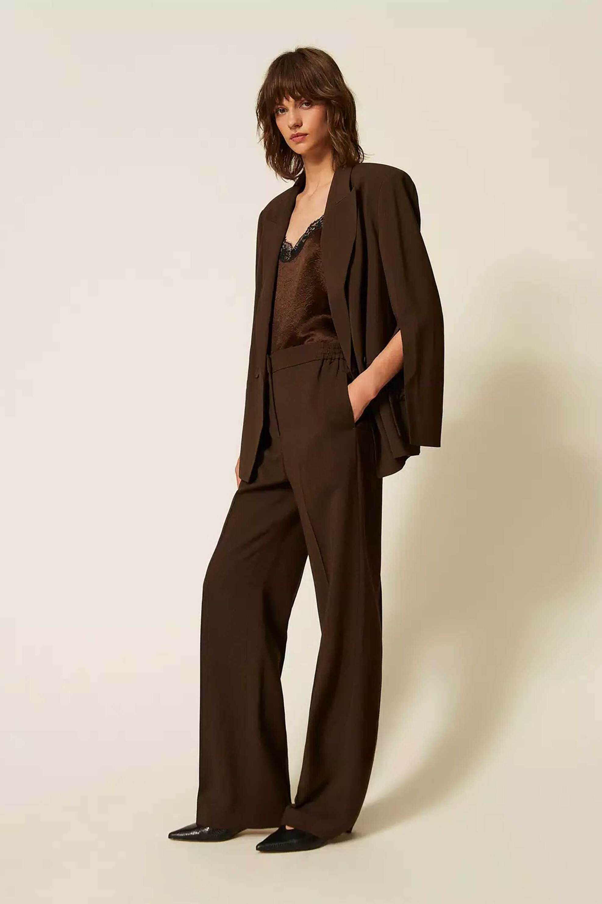 TWINSET Twinset γυναικείο παντελόνι Wide Leg - 262TP268G Καφέ - 3