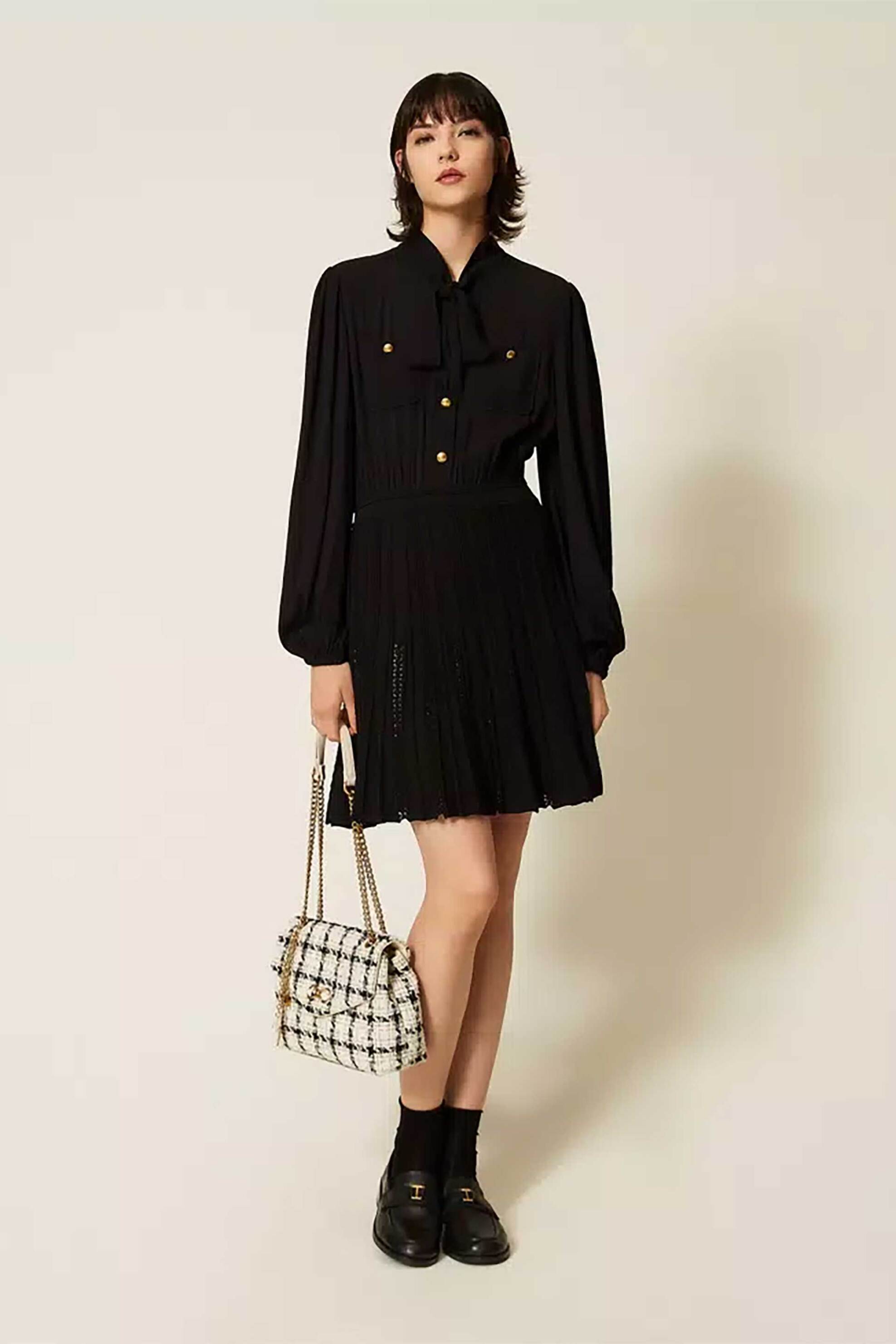 Twinset γυναικείο mini φόρεμα με διάτρητη πλέξη στο κάτω μέρος - 262TP3081 Μαύρο