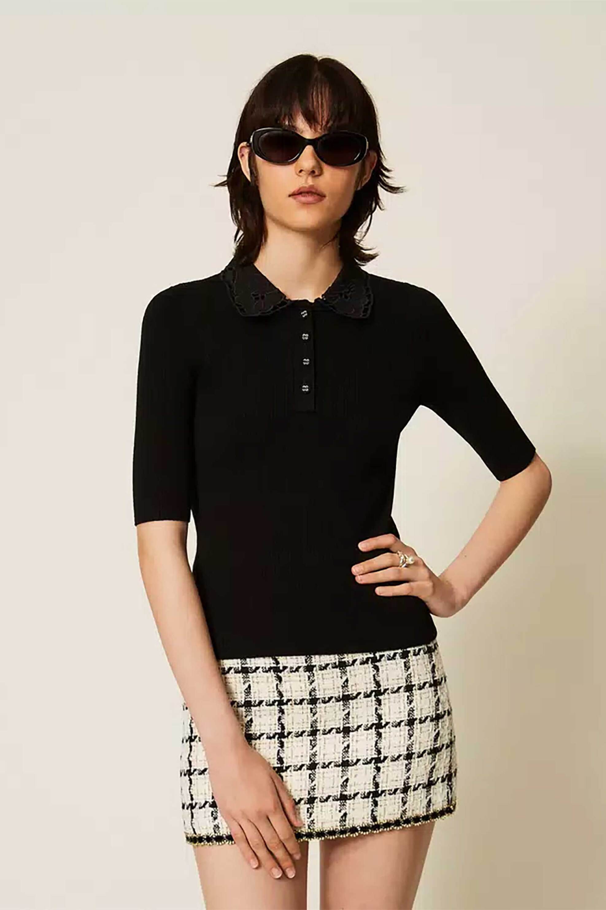 TWINSET Twinset γυναικεία μπλούζα πόλο πλεκτή με κέντημα στον γιακά - 262TP3380 Μαύρο