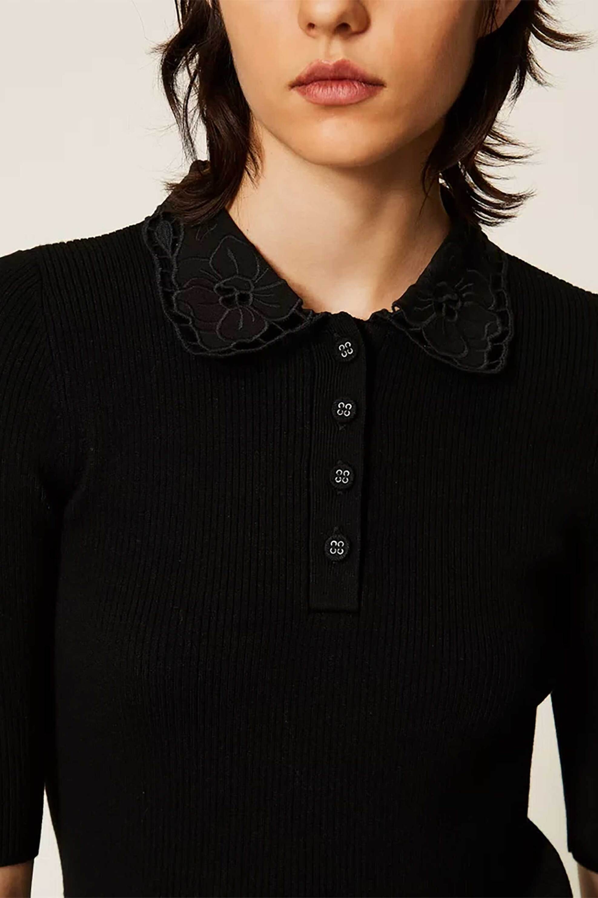 TWINSET Twinset γυναικεία μπλούζα πόλο πλεκτή με κέντημα στον γιακά - 262TP3380 Μαύρο - 2