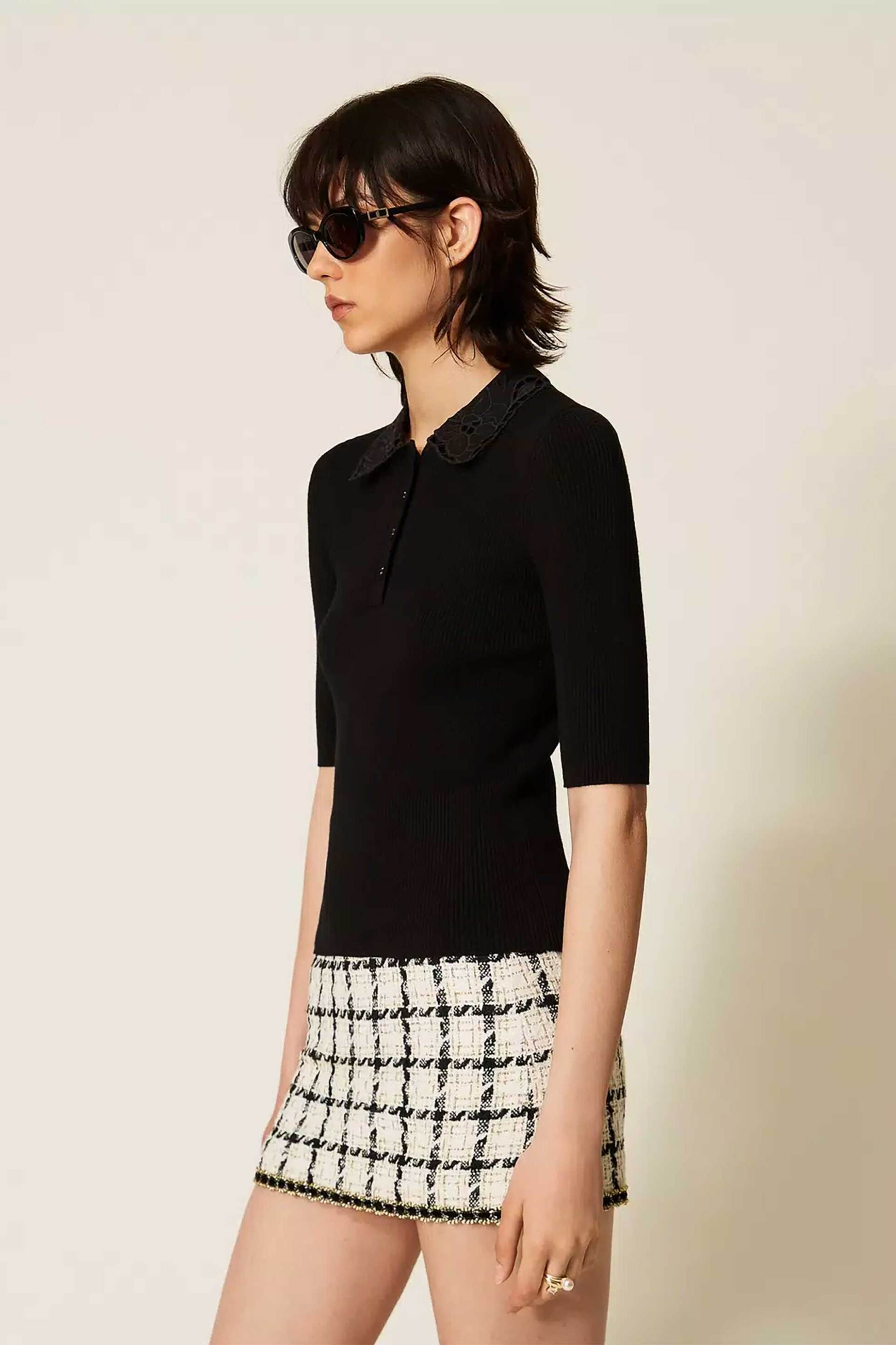 TWINSET Twinset γυναικεία μπλούζα πόλο πλεκτή με κέντημα στον γιακά - 262TP3380 Μαύρο - 3