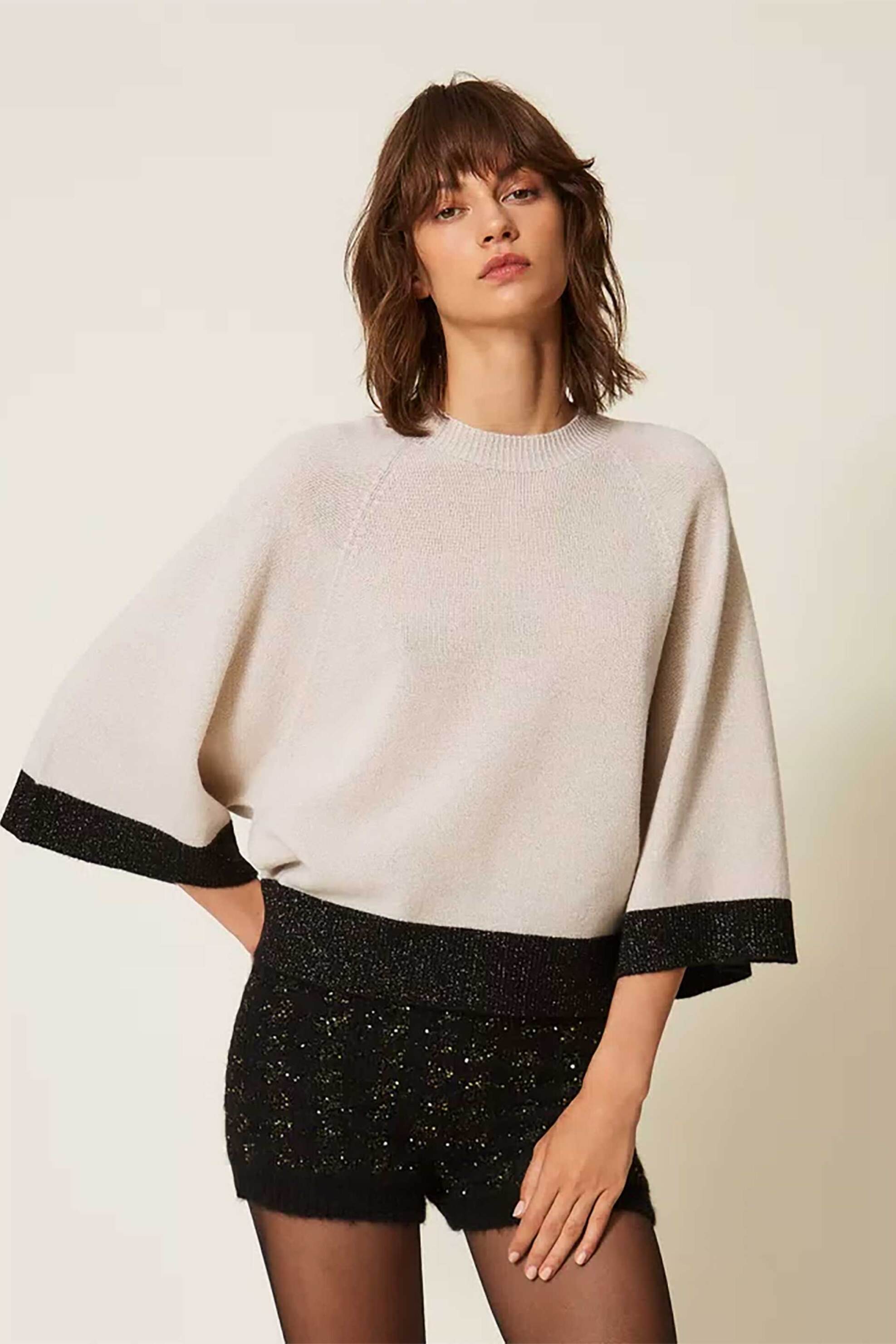 TWINSET Twinset γυναικεία μπλούζα πλεκτή cropped με κασμίρι - 262TP3511 Εκρού
