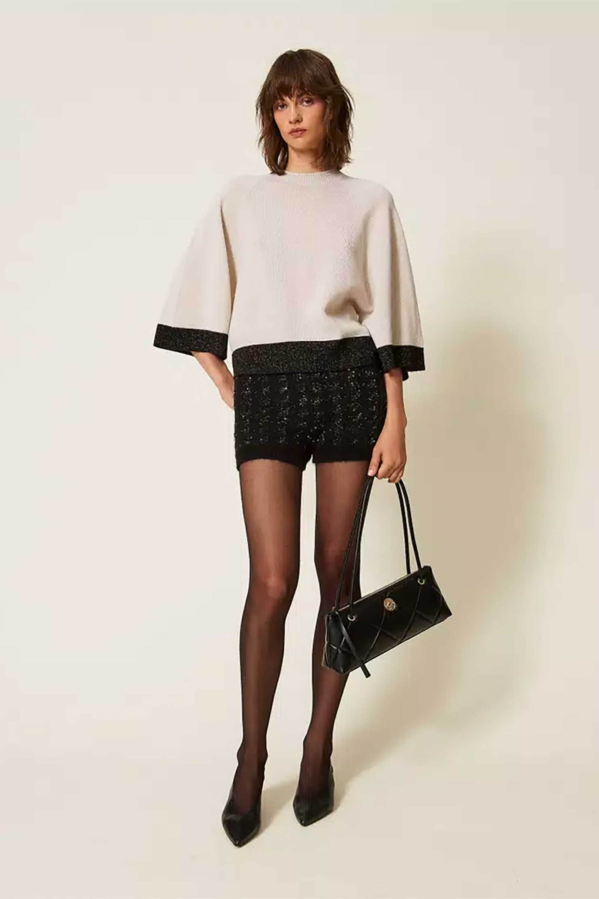 TWINSET Twinset γυναικεία μπλούζα πλεκτή cropped με κασμίρι - 262TP3511 Εκρού - 2