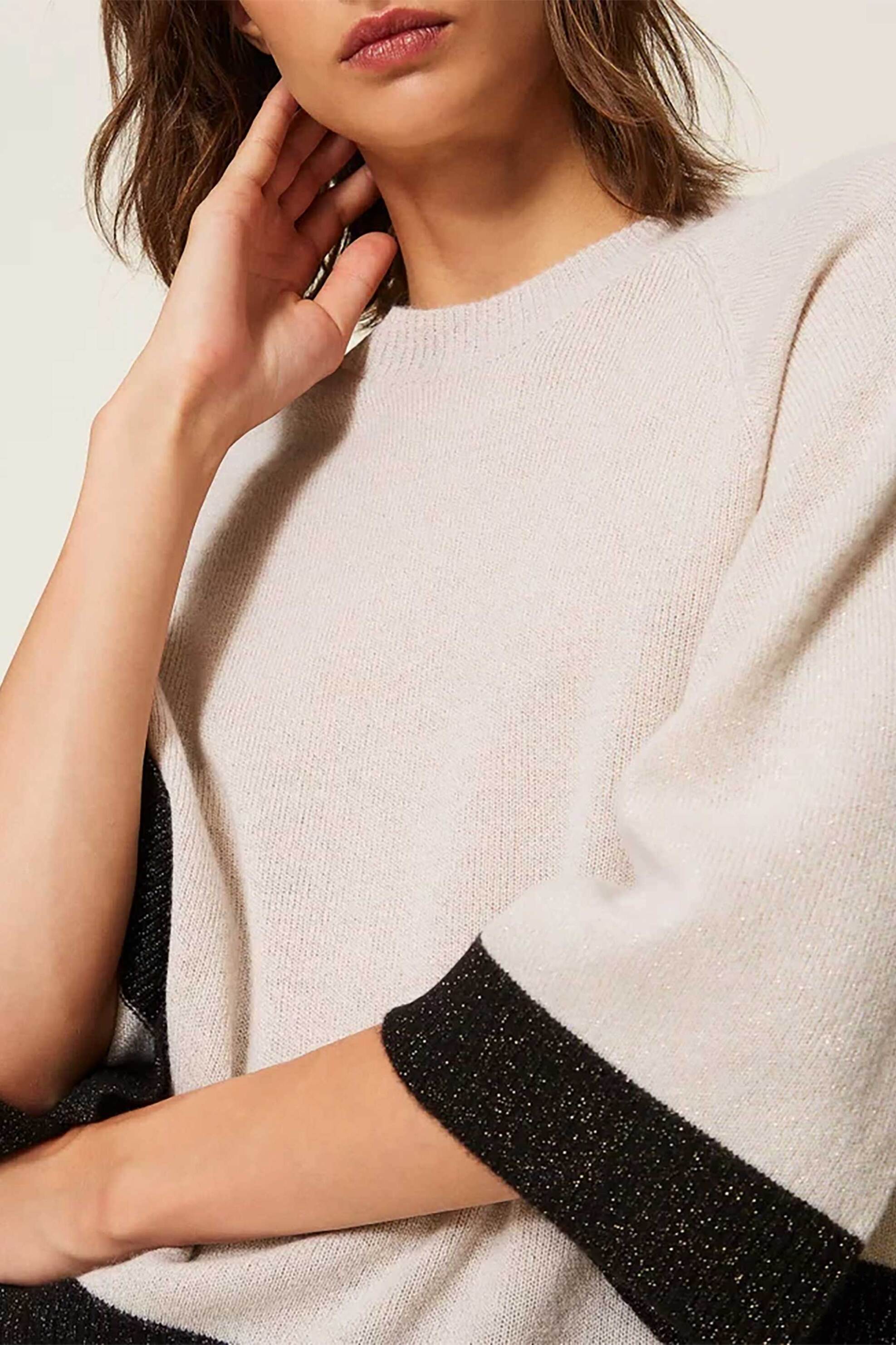 TWINSET Twinset γυναικεία μπλούζα πλεκτή cropped με κασμίρι - 262TP3511 Εκρού - 3