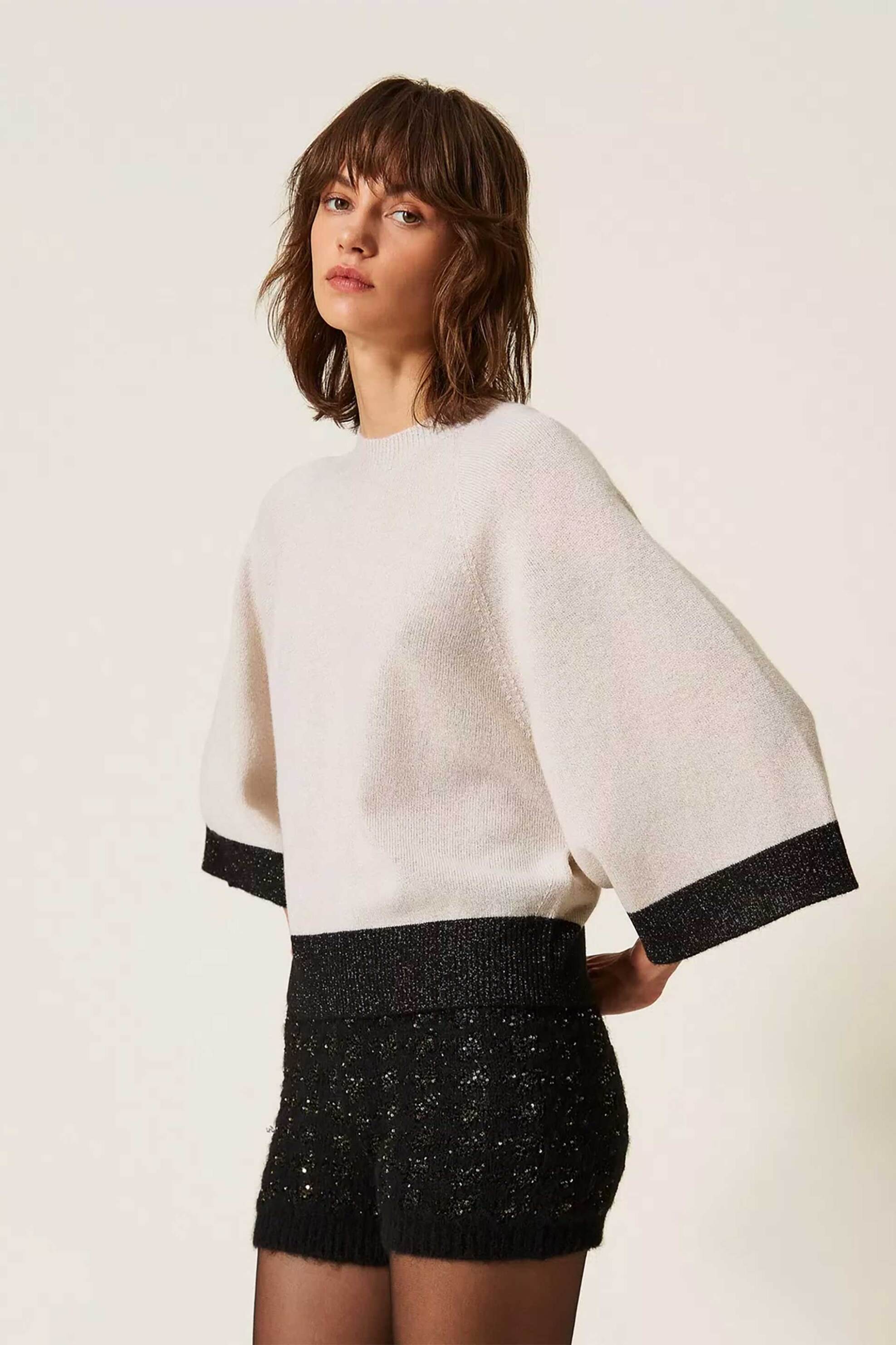 TWINSET Twinset γυναικεία μπλούζα πλεκτή cropped με κασμίρι - 262TP3511 Εκρού - 4