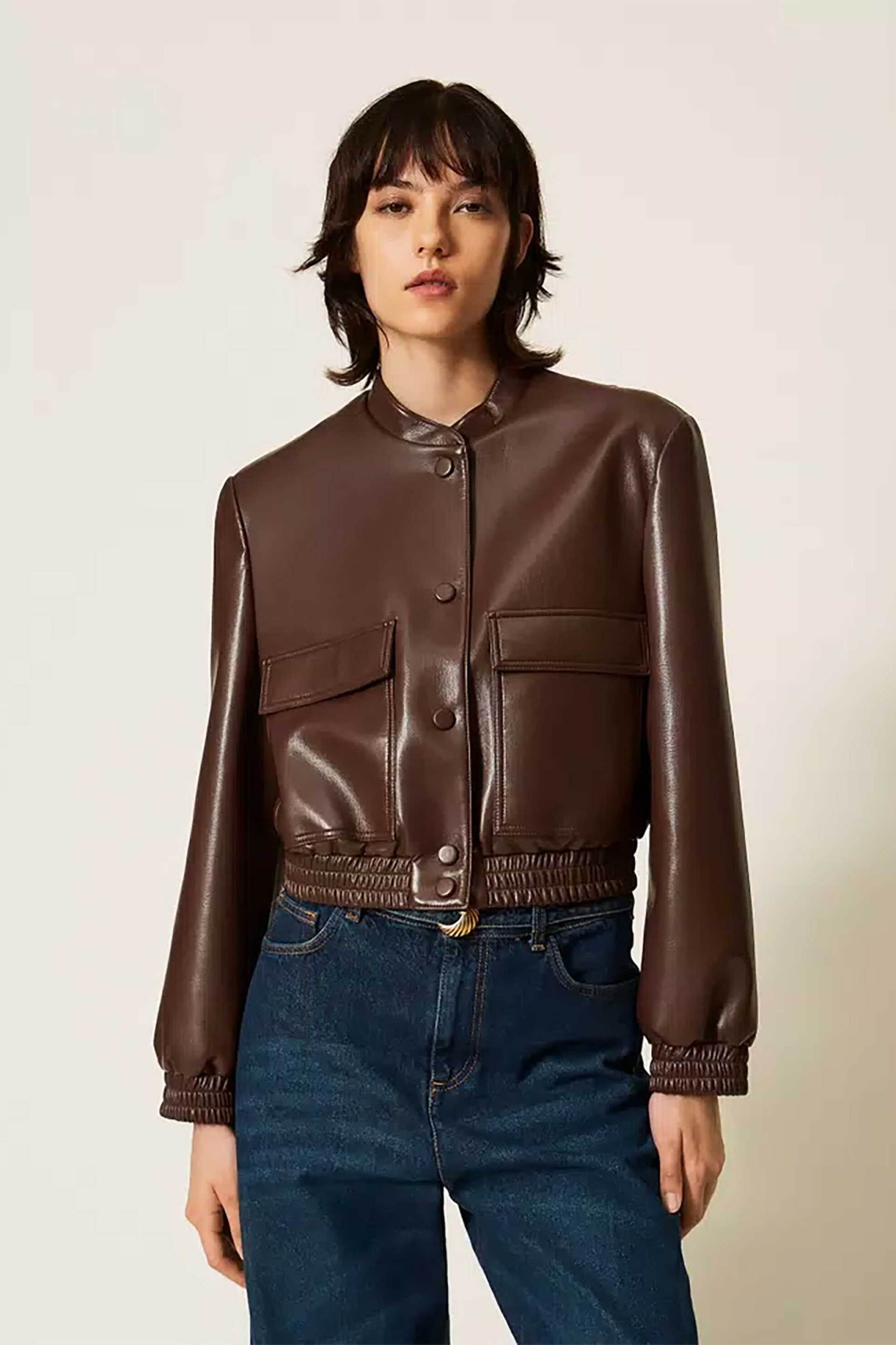 Twinset γυναικείο faux leather jacket με κουμπιά - 262TP2052 Καφέ