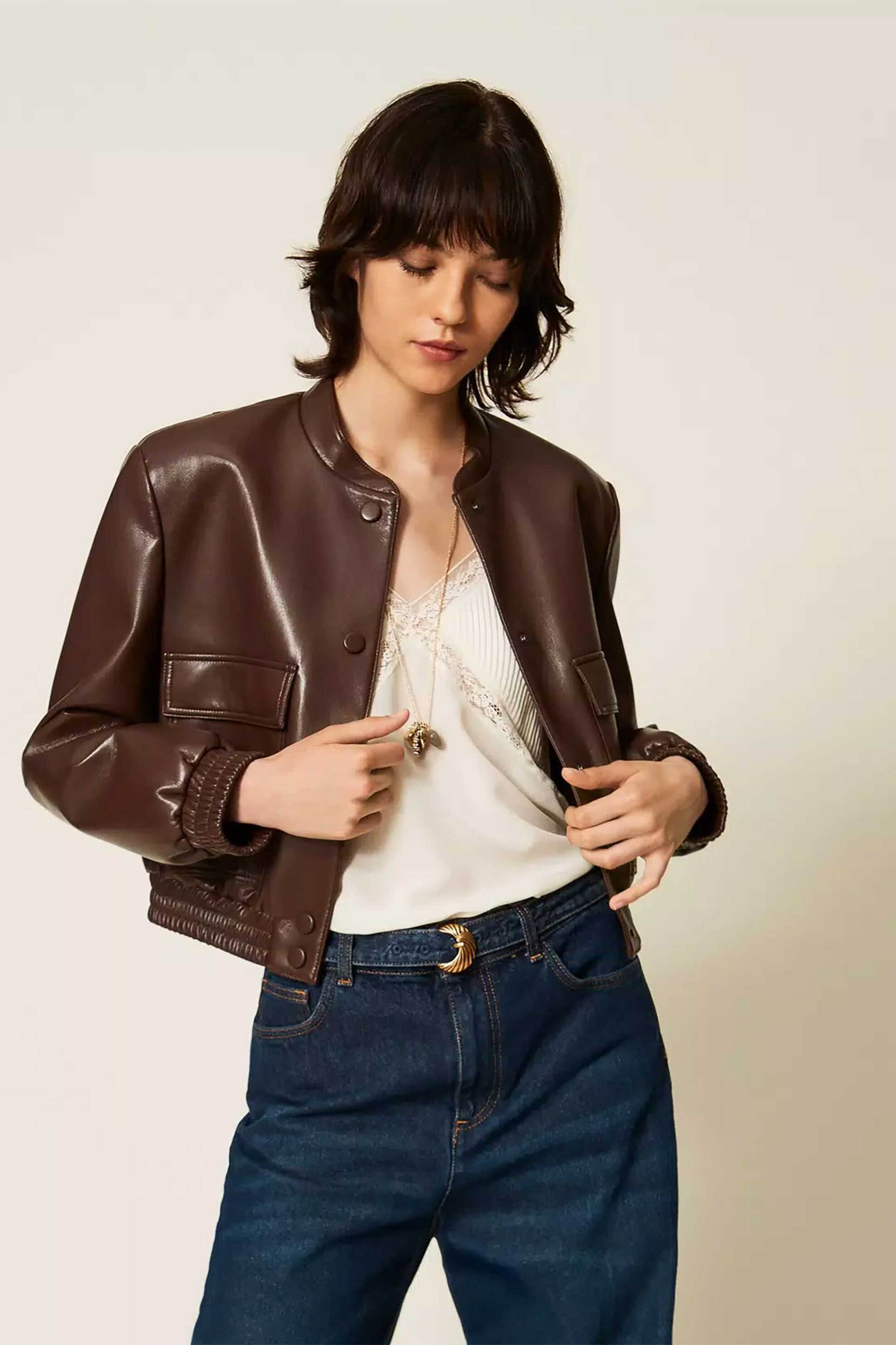 Twinset γυναικείο faux leather jacket με κουμπιά - 262TP2052 Καφέ