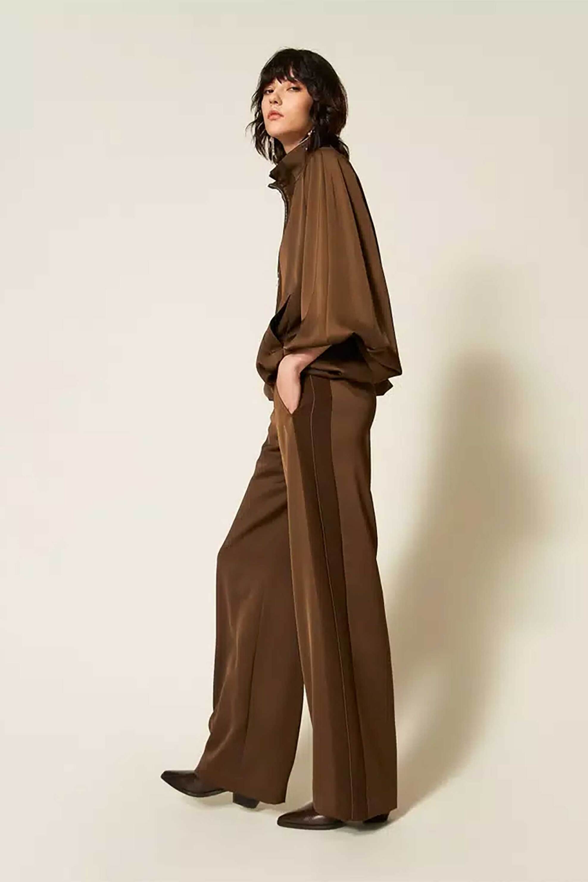 TWINSET Twinset γυναικείο παντελόνι σατέν μονόχρωμο Palazzo Fit - 262TP2133 Καφέ - 3