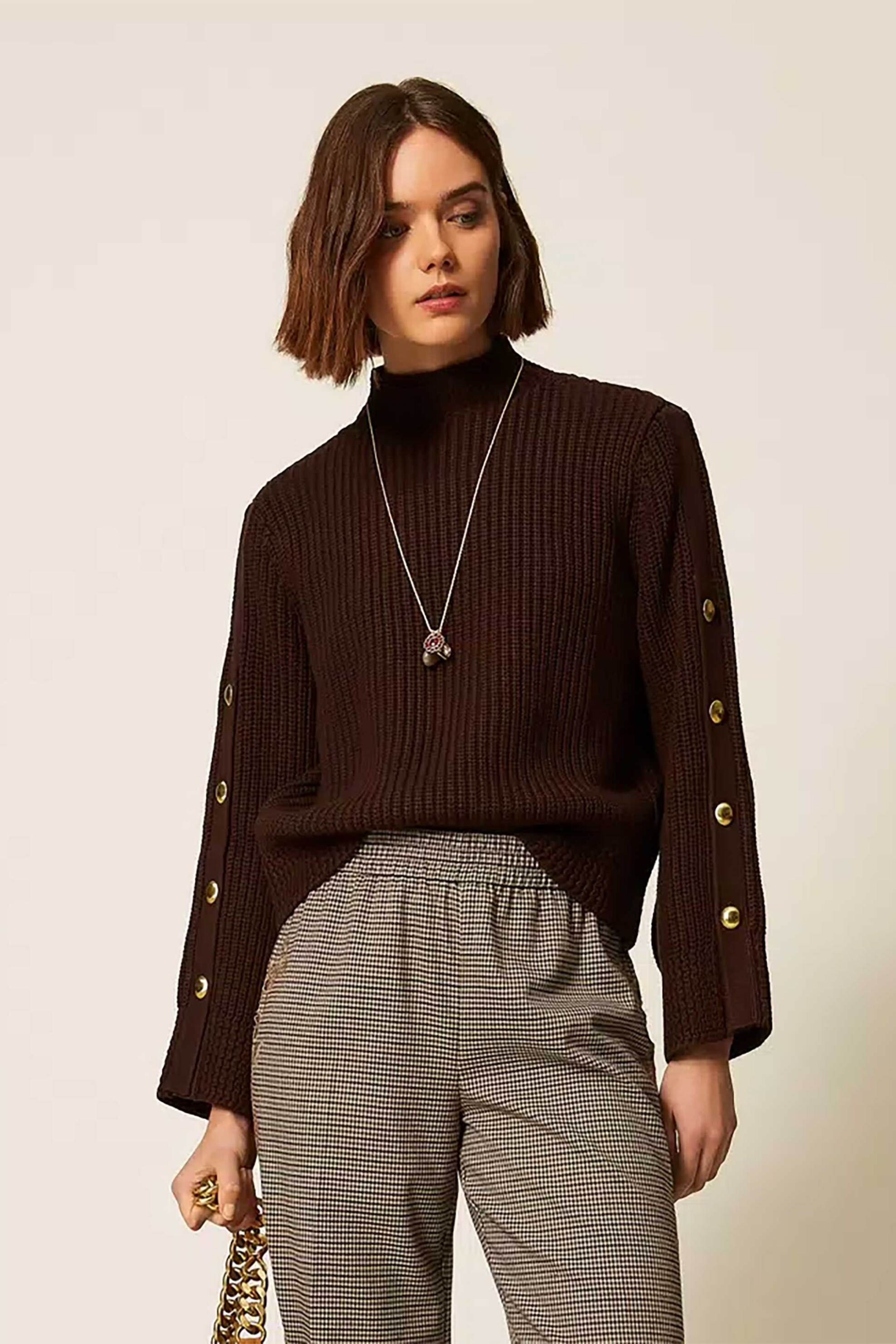 TWINSET Twinset γυναικεία μπλούζα πλεκτή με χρυσά κουμπιά - 262TP3170 Μπλε Σκούρο