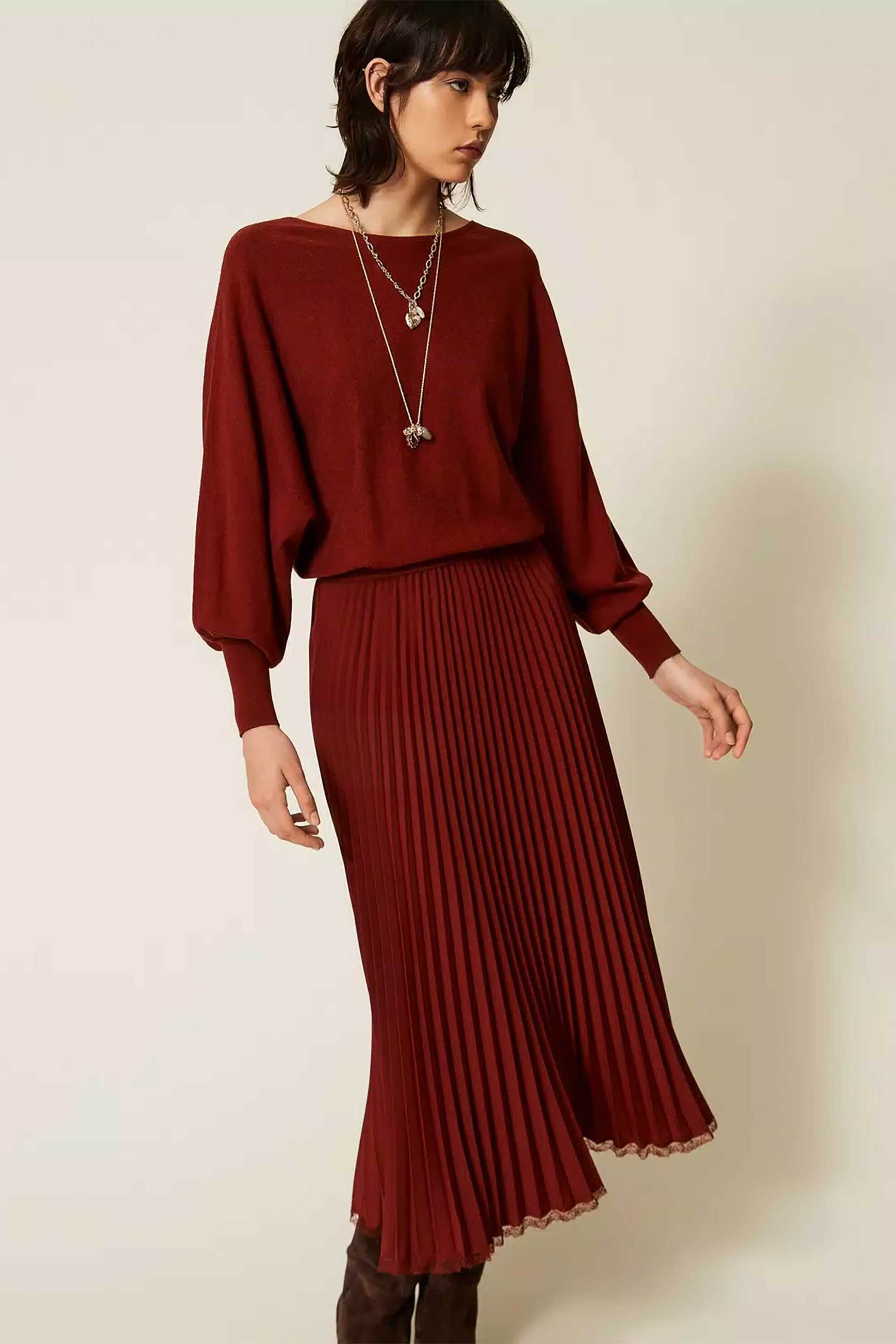 TWINSET Twinset γυναικείο midi φόρεμα με πλισέ λεπτομέρεια - 262TP3250 Μπορντό - 3