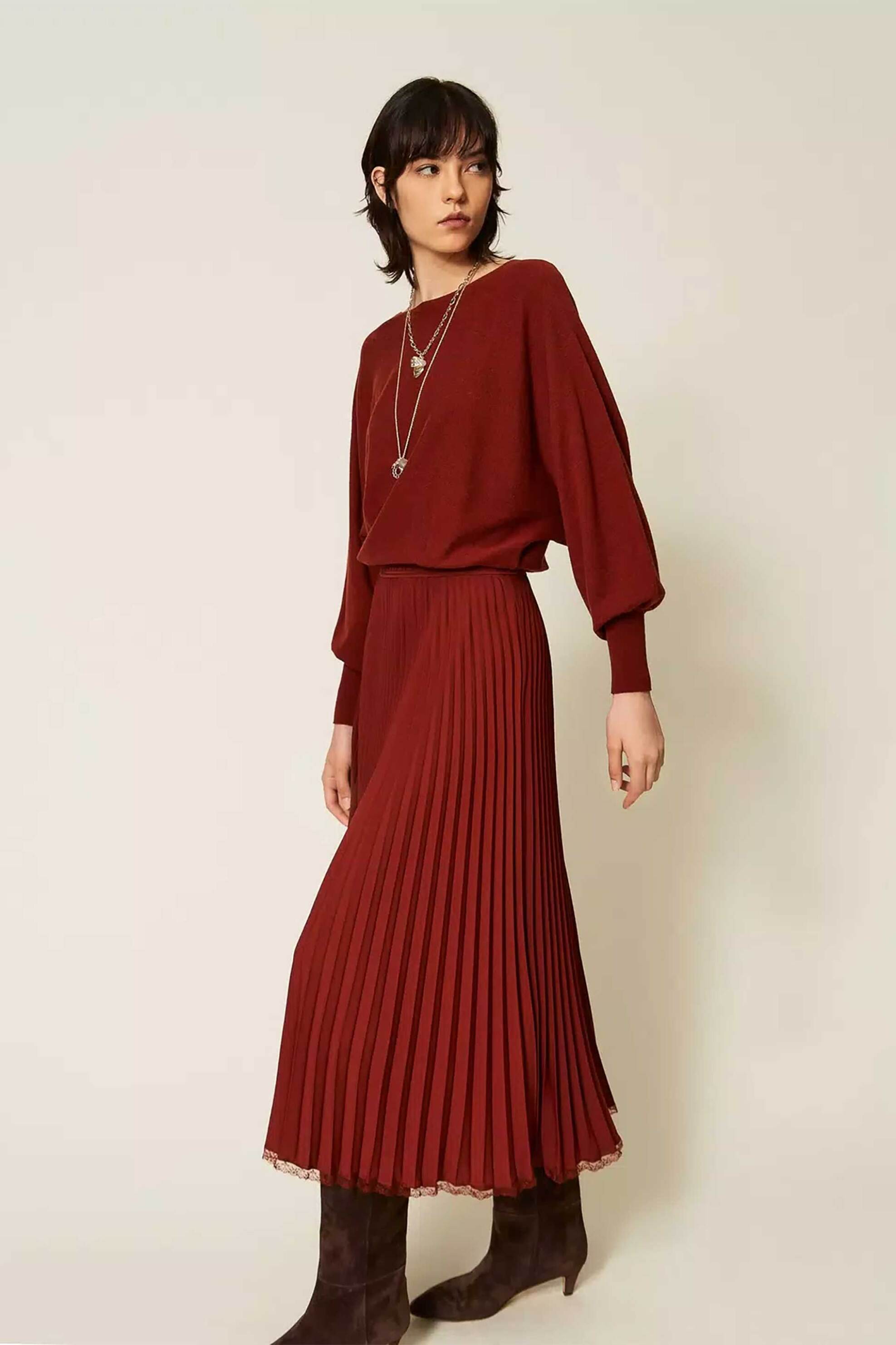TWINSET Twinset γυναικείο midi φόρεμα με πλισέ λεπτομέρεια - 262TP3250 Μπορντό - 4