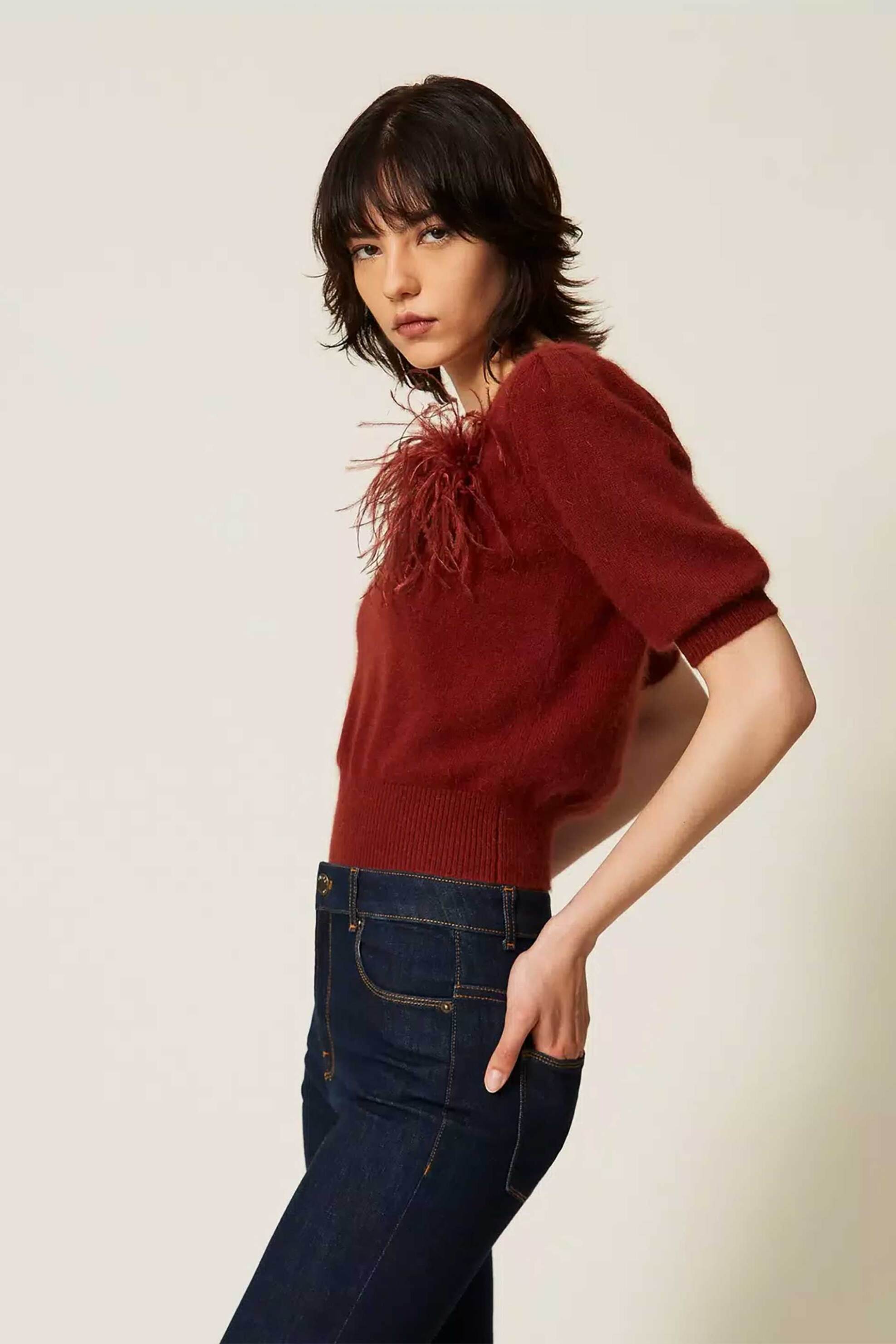 TWINSET Twinset γυναικεία μπλούζα πλεκτή με αποσπώμενη καρφίτσα - 262TP3260 Μπορντό - 4