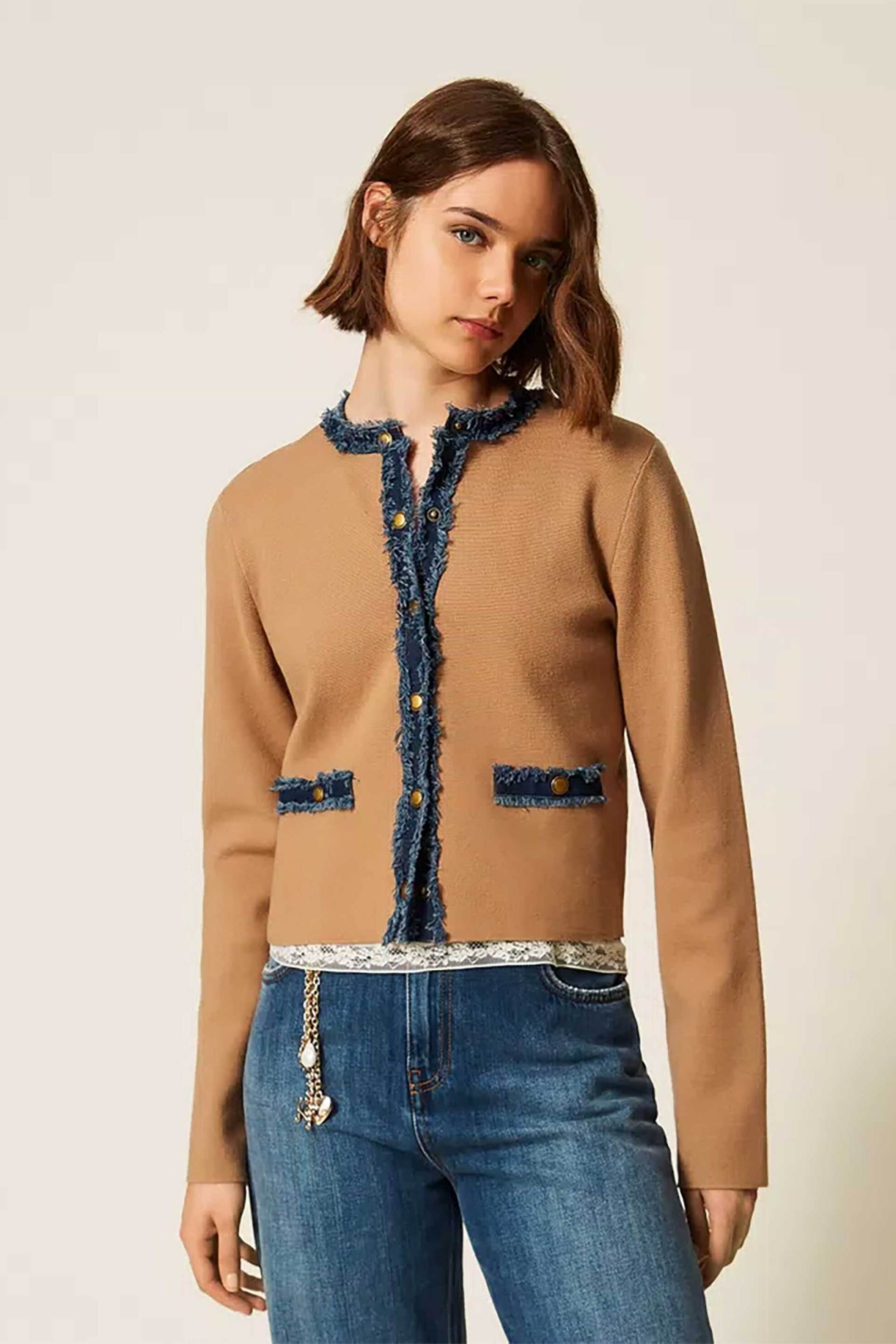 TWINSET Twinset γυναικεία ζακέτα με denim λεπτομέρειες - 262LI3GAA Ταμπά