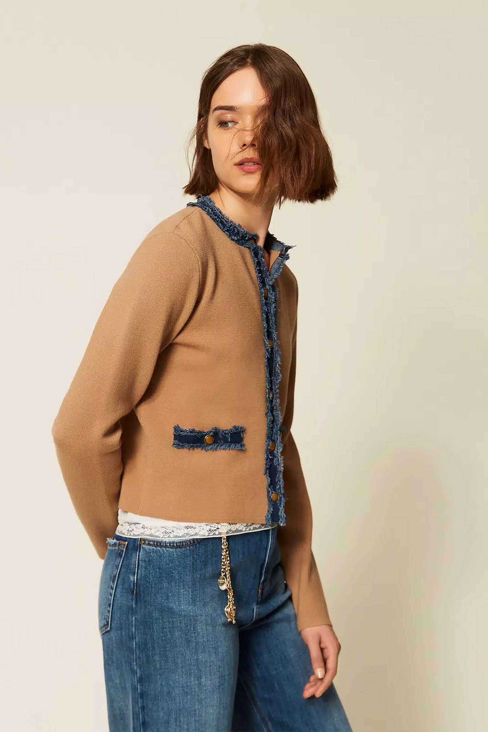 TWINSET Twinset γυναικεία ζακέτα με denim λεπτομέρειες - 262LI3GAA Ταμπά - 3