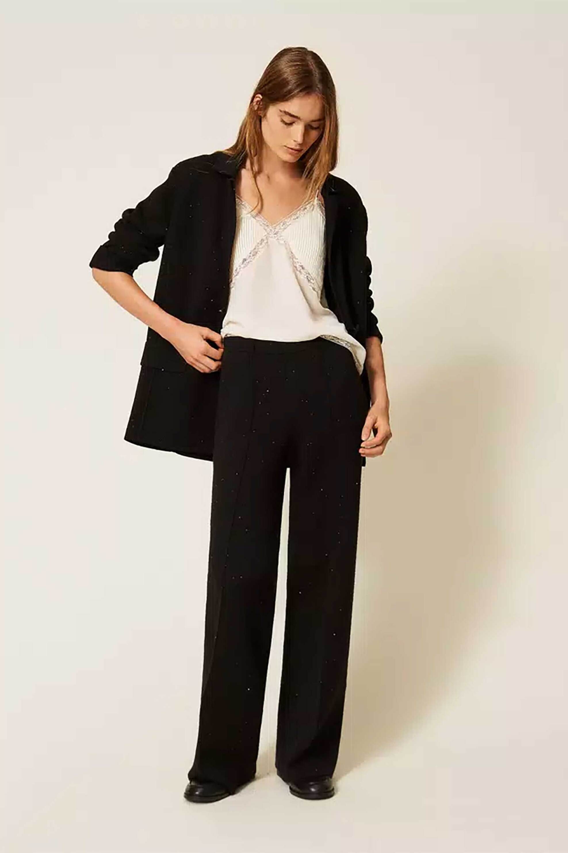 TWINSET Twinset γυναικείο πλεκτό παντελόνι με παγιέτα - 262LI3PBB Μαύρο