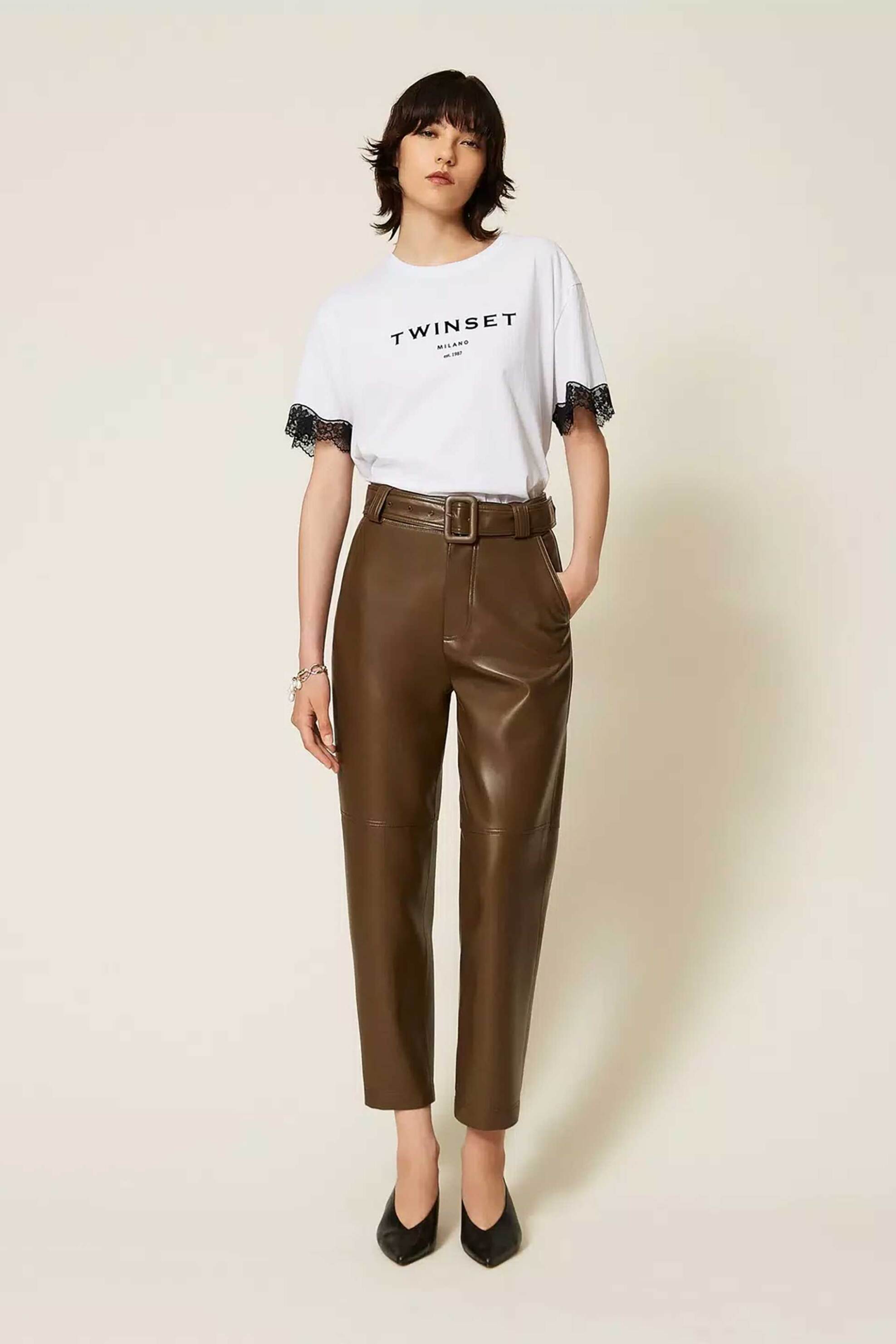TWINSET Twinset γυναικείο παντελόνι από faux δέρμα με ζώνη - 262TP2051 Λαδί