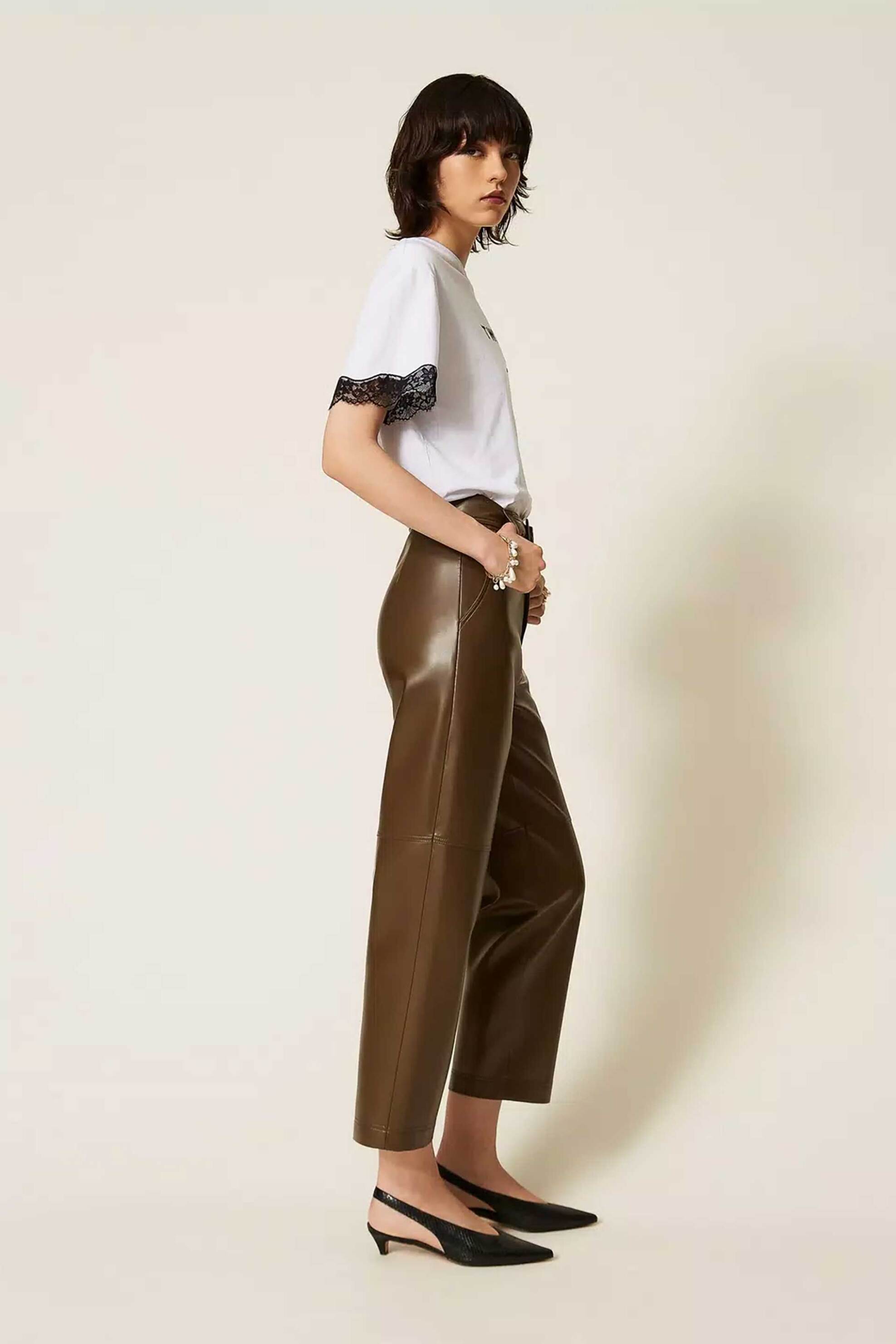 TWINSET Twinset γυναικείο παντελόνι από faux δέρμα με ζώνη - 262TP2051 Λαδί - 3