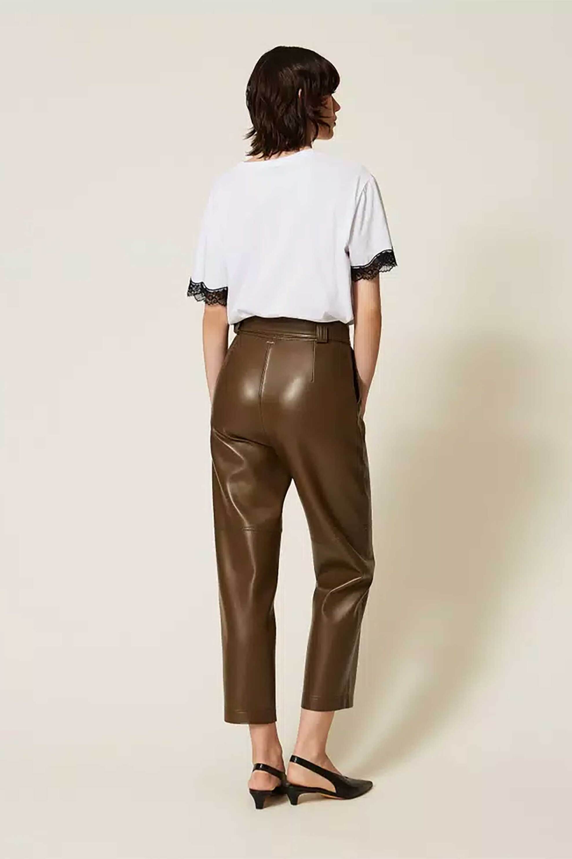 TWINSET Twinset γυναικείο παντελόνι από faux δέρμα με ζώνη - 262TP2051 Λαδί - 4
