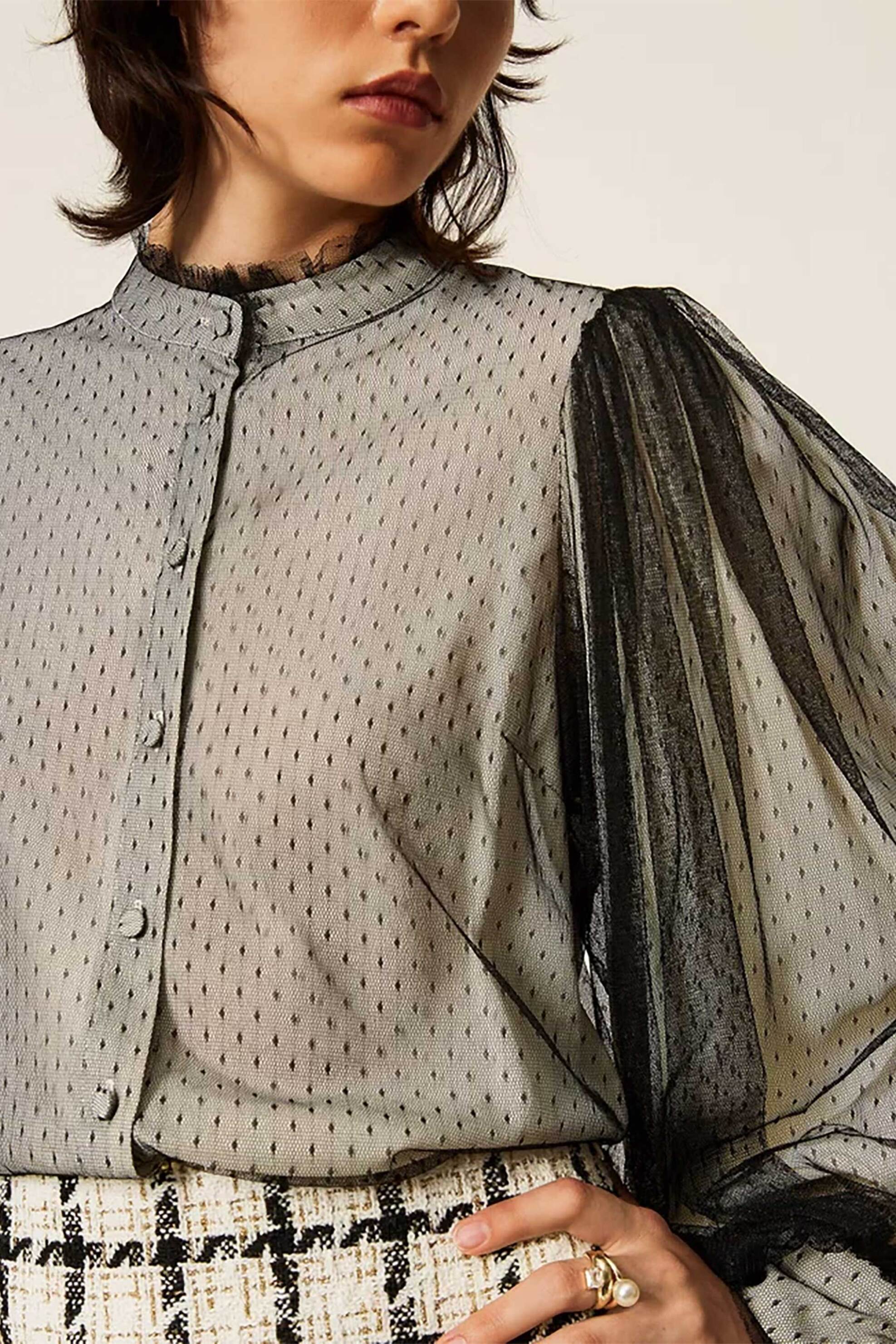 TWINSET Twinset γυναικείο πουκάμισο με τούλι - 262TP2210 Μαύρο - 2