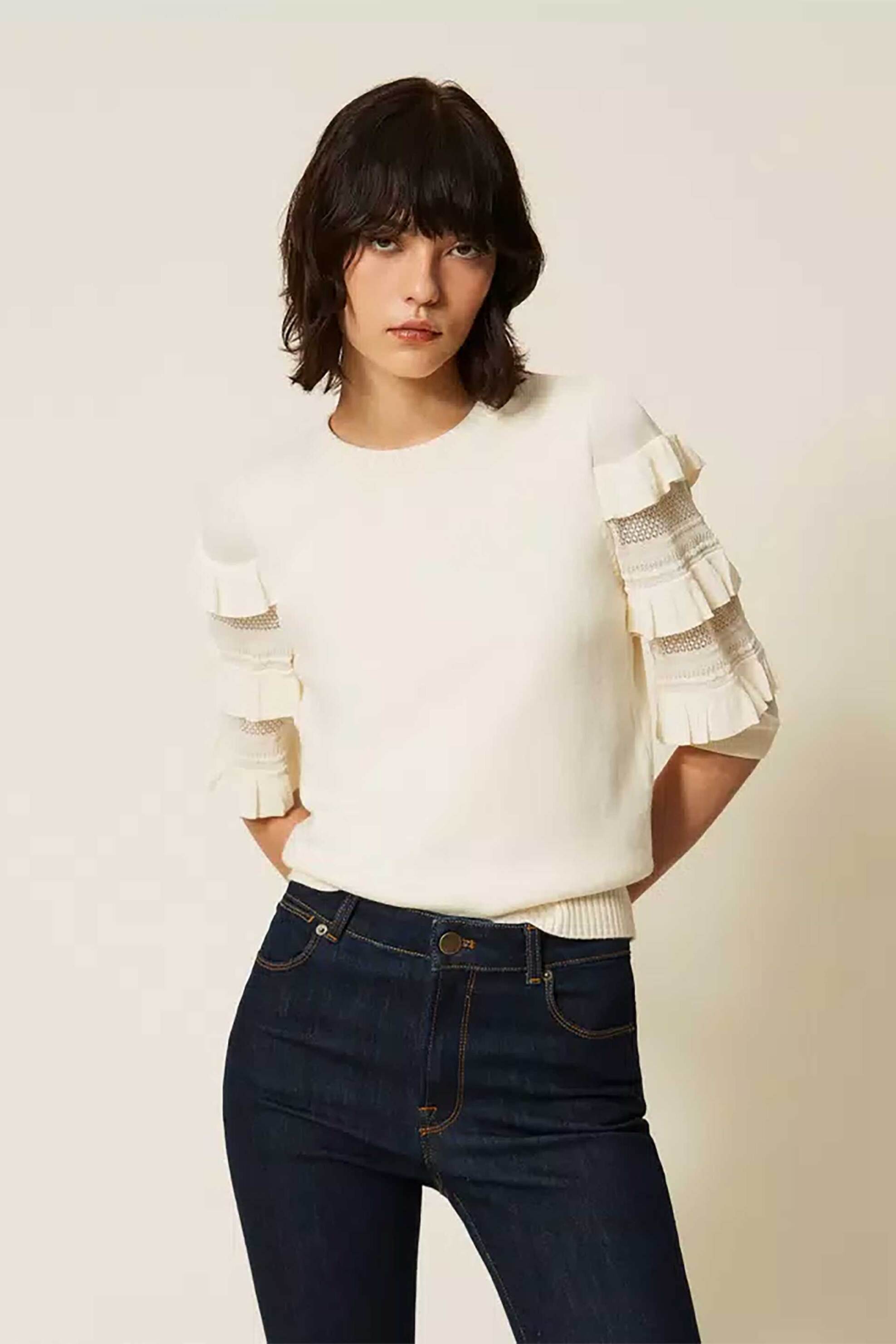TWINSET Twinset γυναικεία μπλούζα πλεκτή με βολάν στα μανίκια - 262TP3111 Εκρού