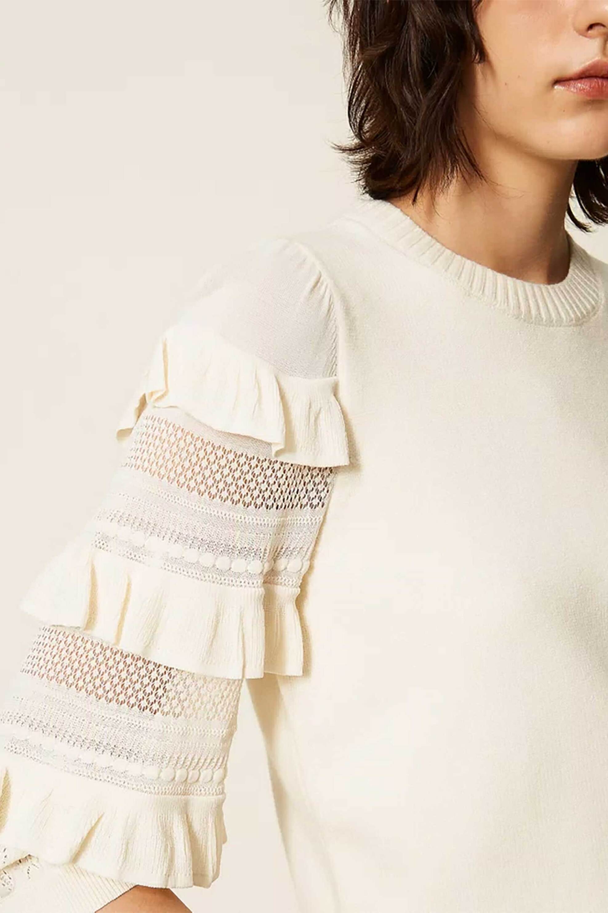 TWINSET Twinset γυναικεία μπλούζα πλεκτή με βολάν στα μανίκια - 262TP3111 Εκρού - 2