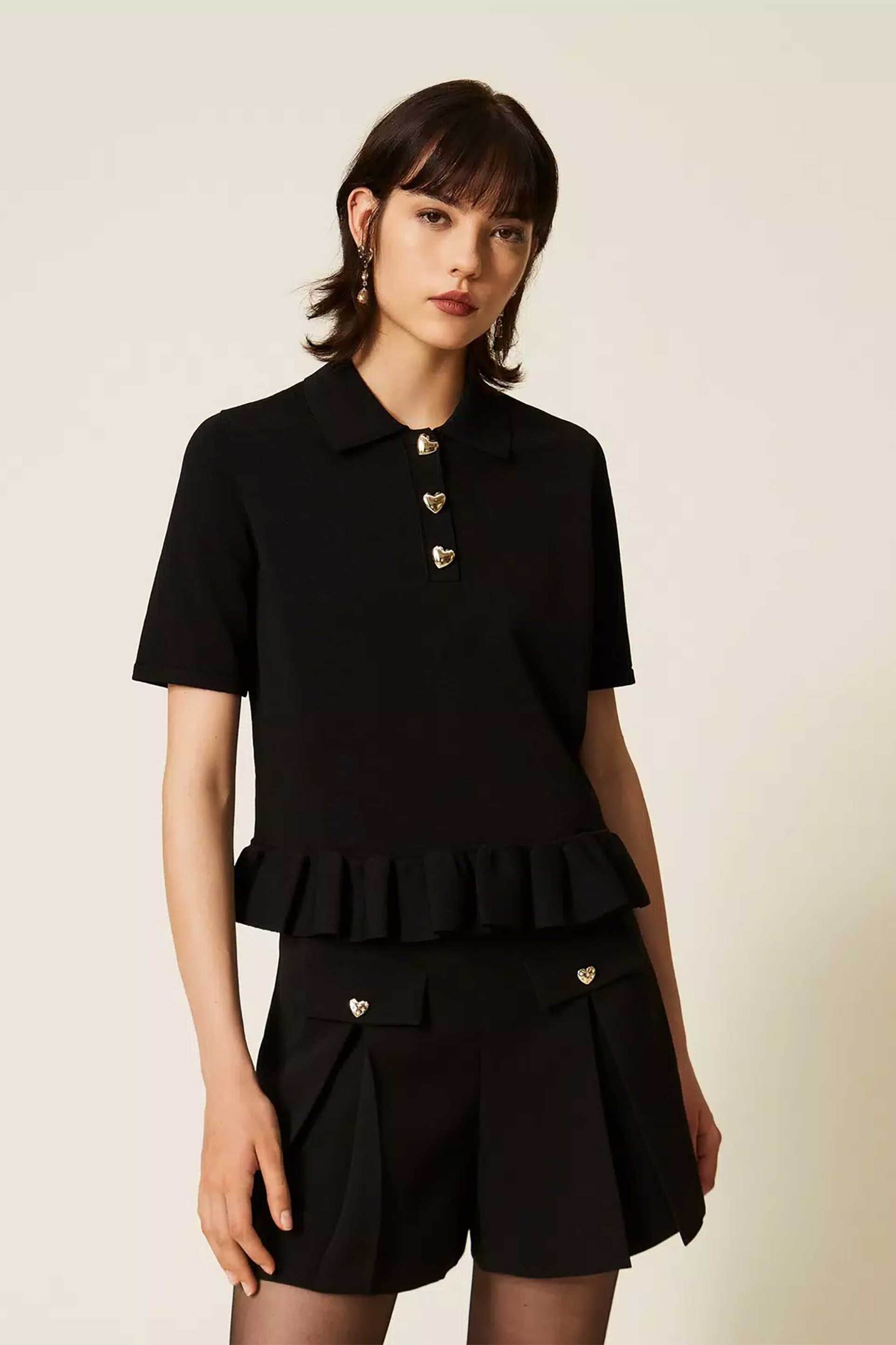 TWINSET Twinset γυναικεία μπλούζα πόλο με διακοσμητικά κουμπιά καρδιές - 262TP3141 Μαύρο