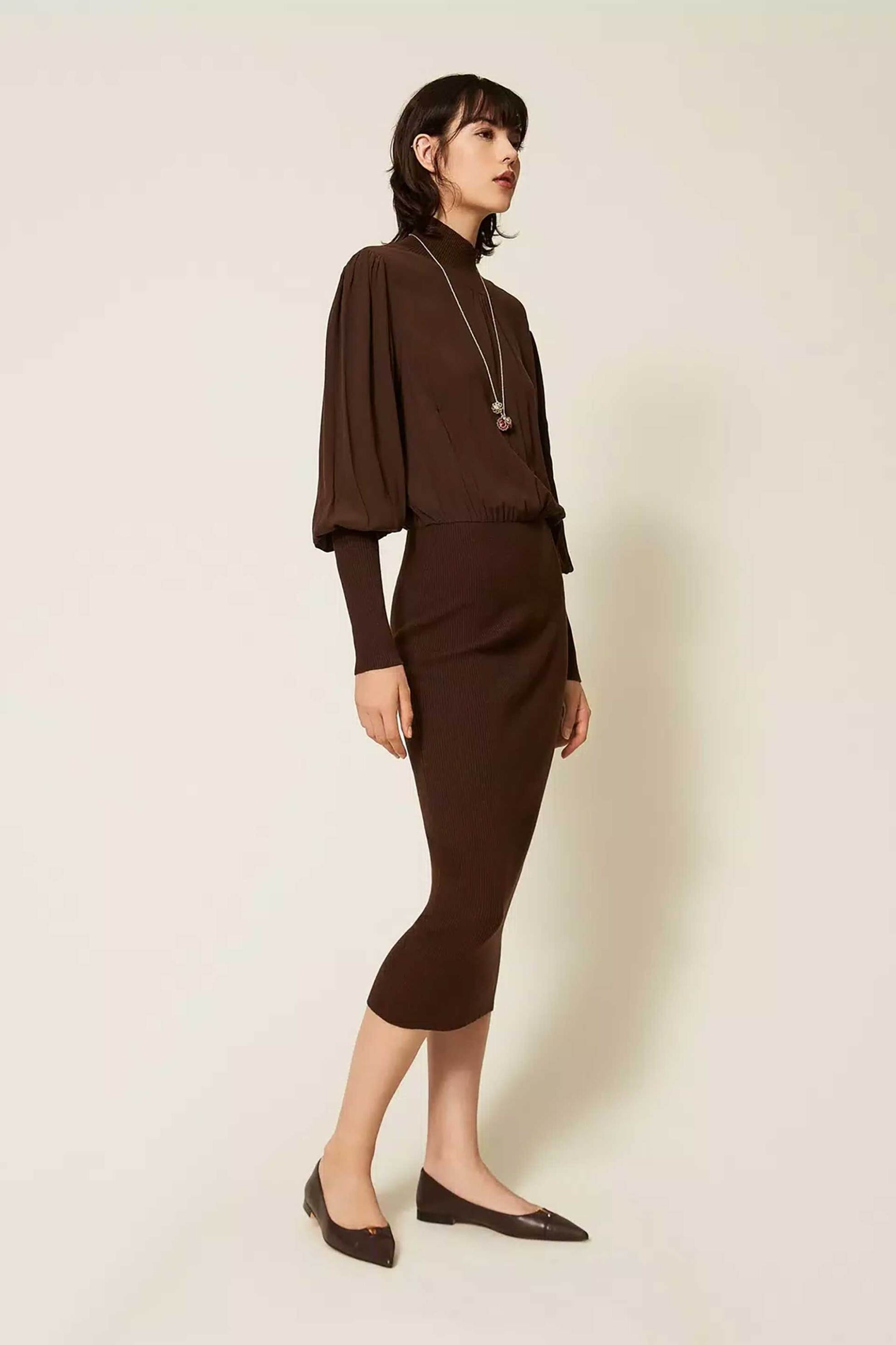 TWINSET Twinset γυναικείο midi φόρεμα πλεκτό με balloon μανίκια - 262TP3240 Καφέ - 3
