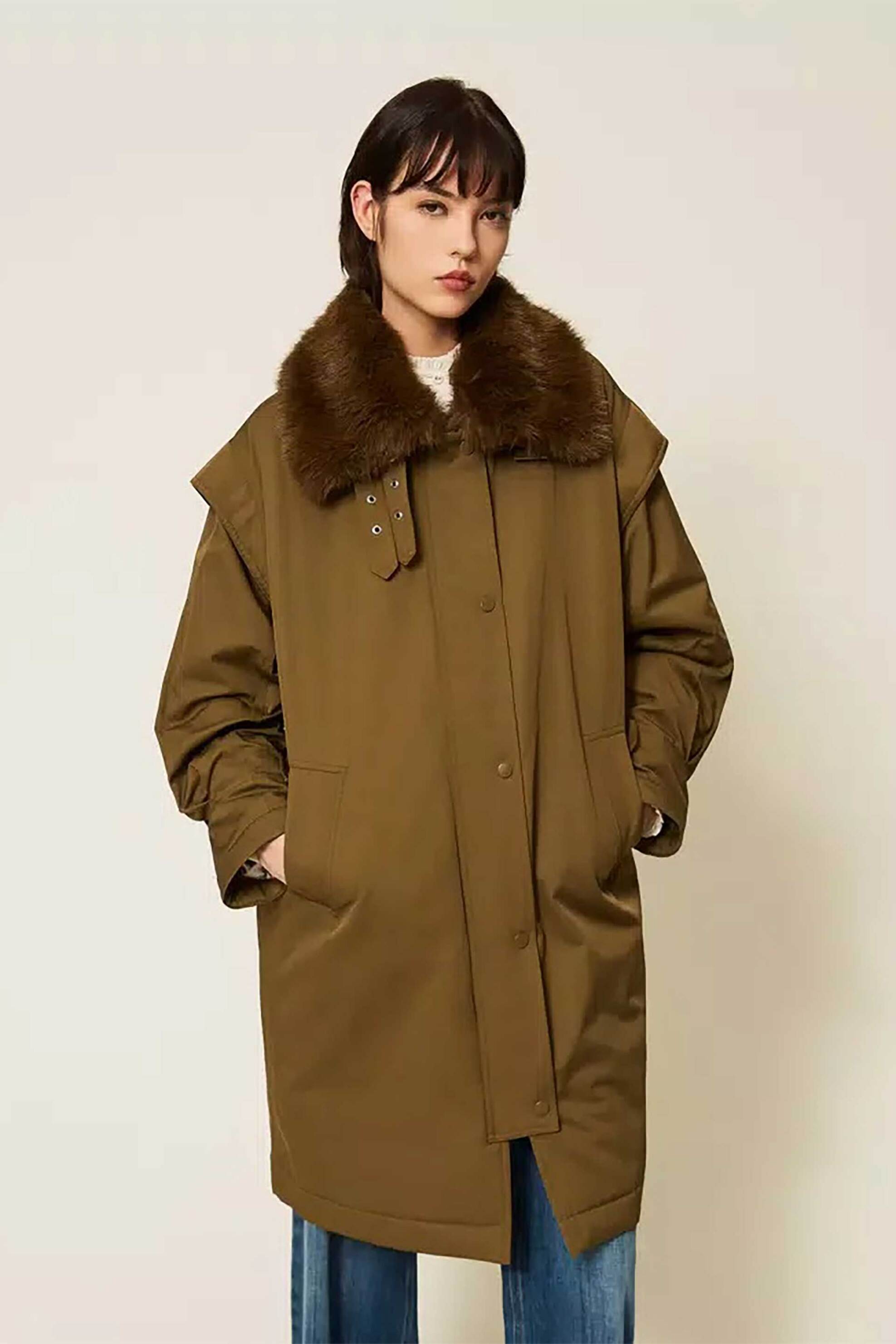 TWINSET Twinset γυναικείο parka με faux fur γιακά - 262TP2180 Λαδί