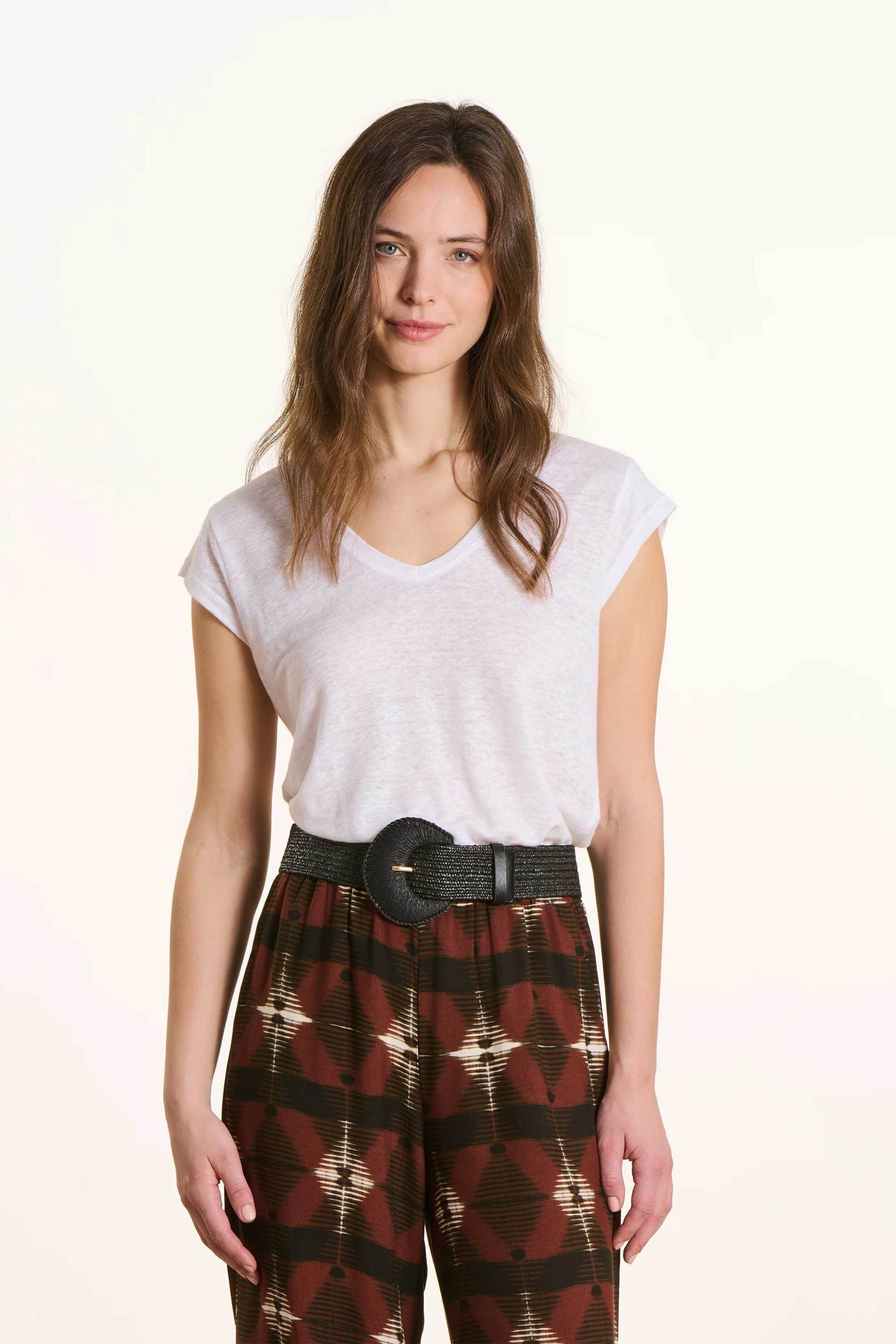 La Fée Maraboutée γυναικείο λινό T-shirt με V Straight Cut - FA-TS-DAVIA Λευκό