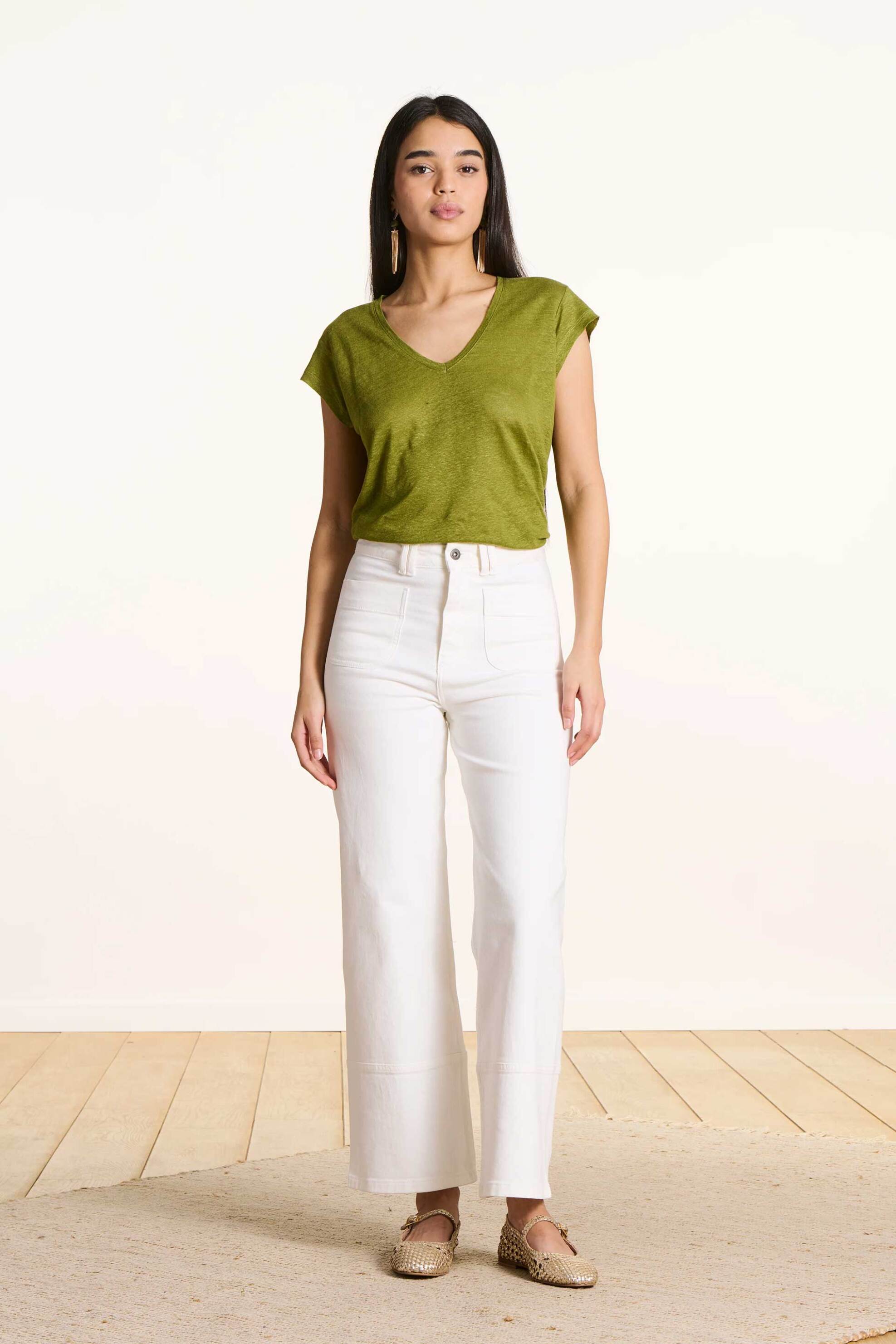 LA FEE MARABOUTEE La Fée Maraboutée γυναικείο λινό T-shirt με V Straight Cut - FA-TS-DAVIA Πράσινο - 2