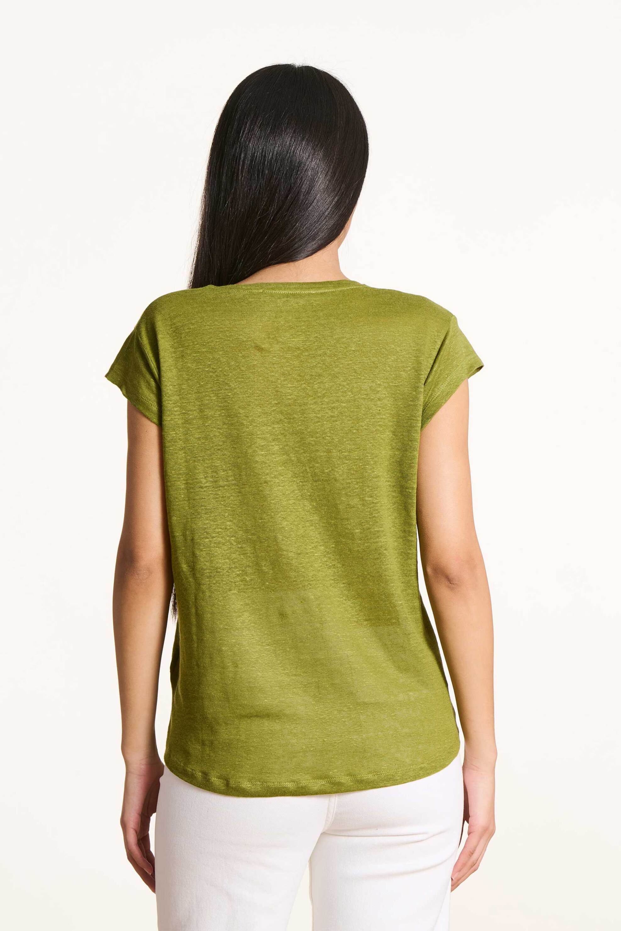 LA FEE MARABOUTEE La Fée Maraboutée γυναικείο λινό T-shirt με V Straight Cut - FA-TS-DAVIA Πράσινο - 3
