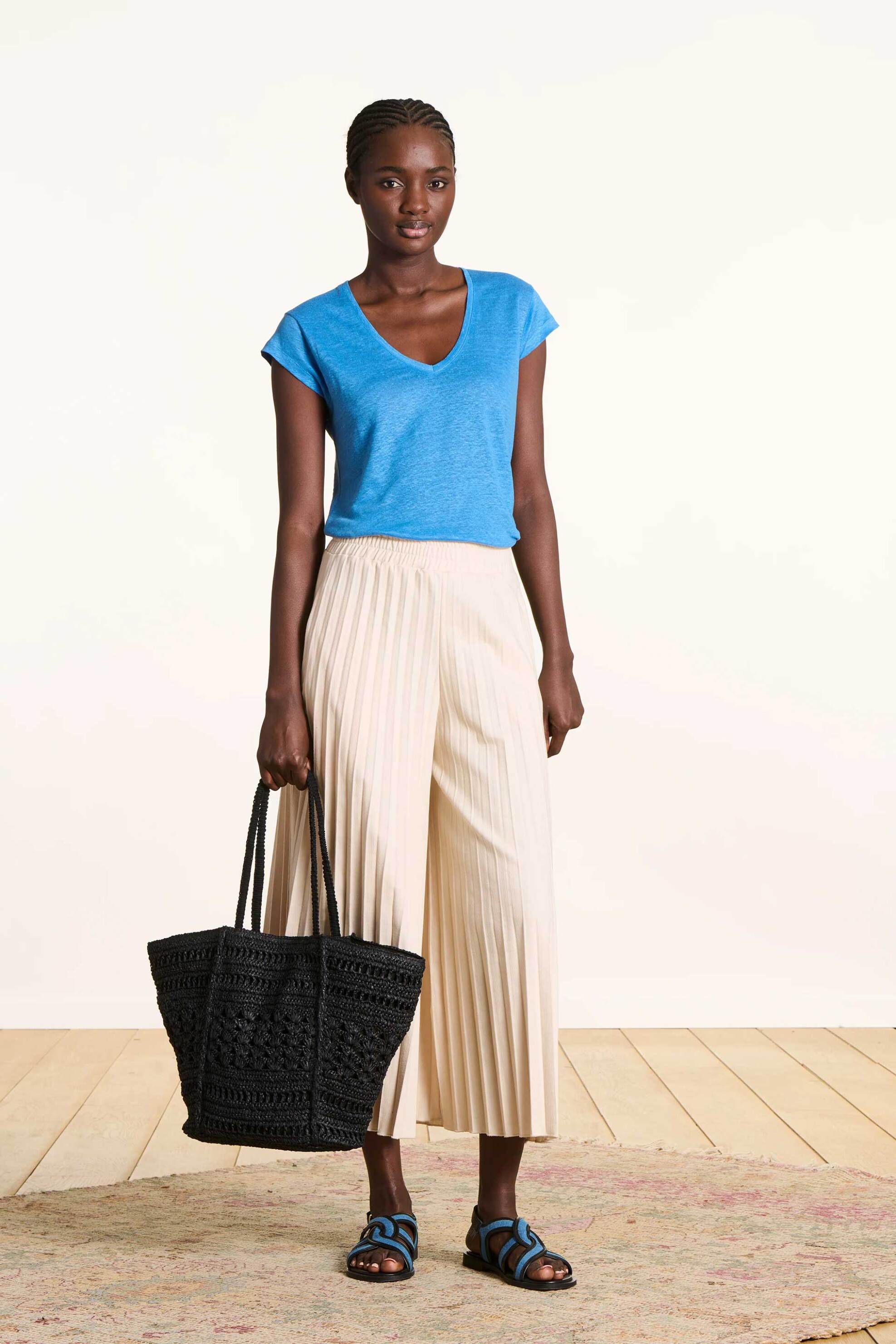 LA FEE MARABOUTEE La Fée Maraboutée γυναικείο λινό T-shirt με V Straight Cut - FA-TS-DAVIA Γαλάζιο - 2