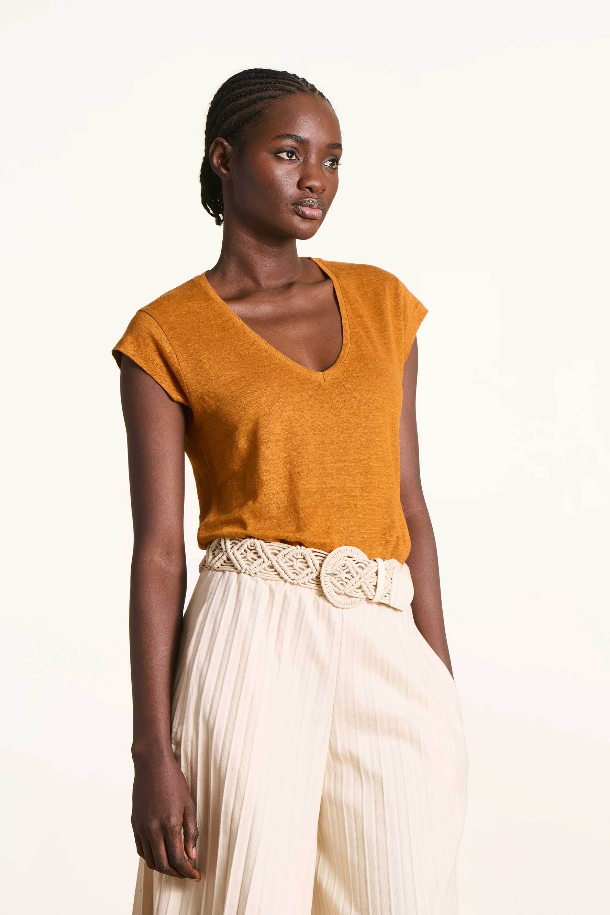 La Fée Maraboutée γυναικείο λινό T-shirt με V Straight Cut - FA-TS-DAVIA Πορτοκαλί