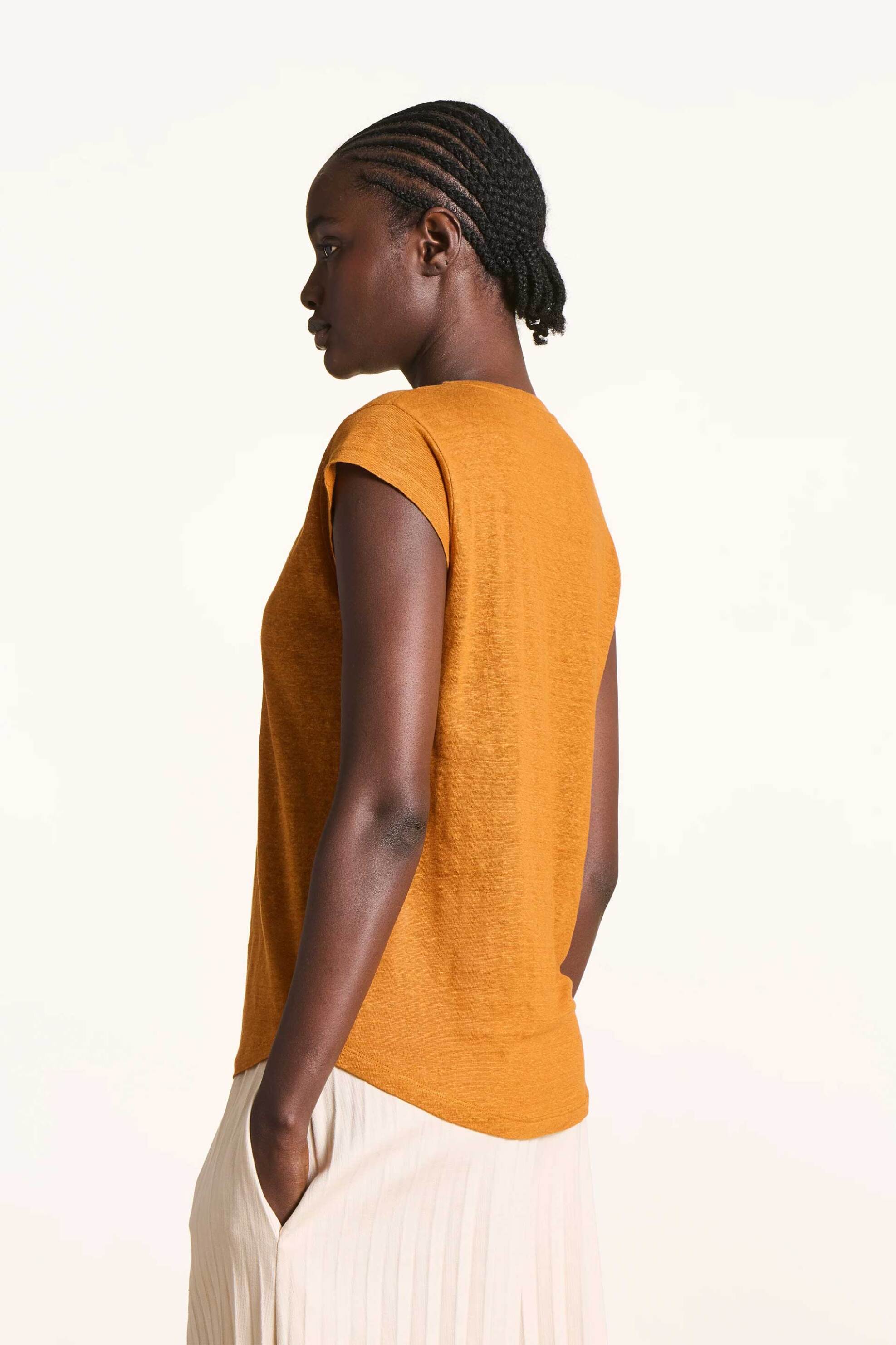 LA FEE MARABOUTEE La Fée Maraboutée γυναικείο λινό T-shirt με V Straight Cut - FA-TS-DAVIA Πορτοκαλί - 3