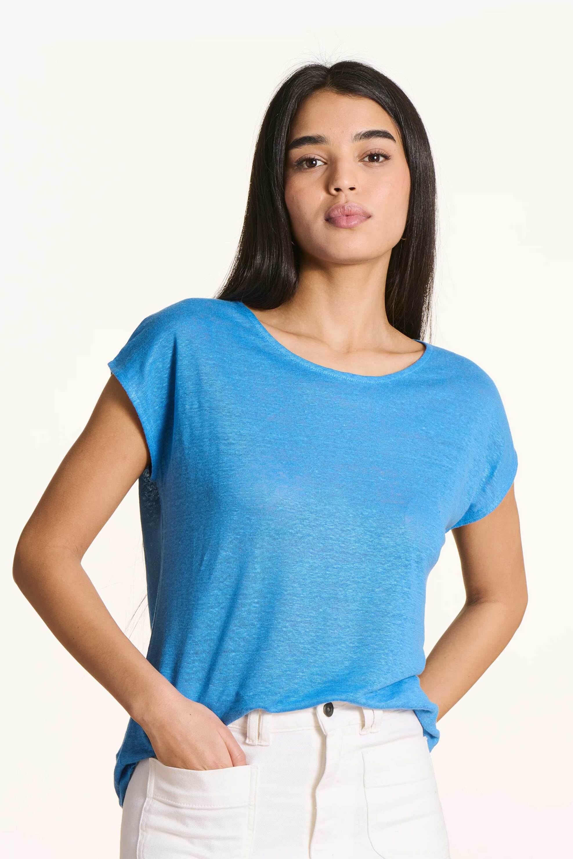 La Fée Maraboutée γυναικείο λινό T-shirt μονόχρωμο Straight Cut - FH-TS-VIRANO Γαλάζιο