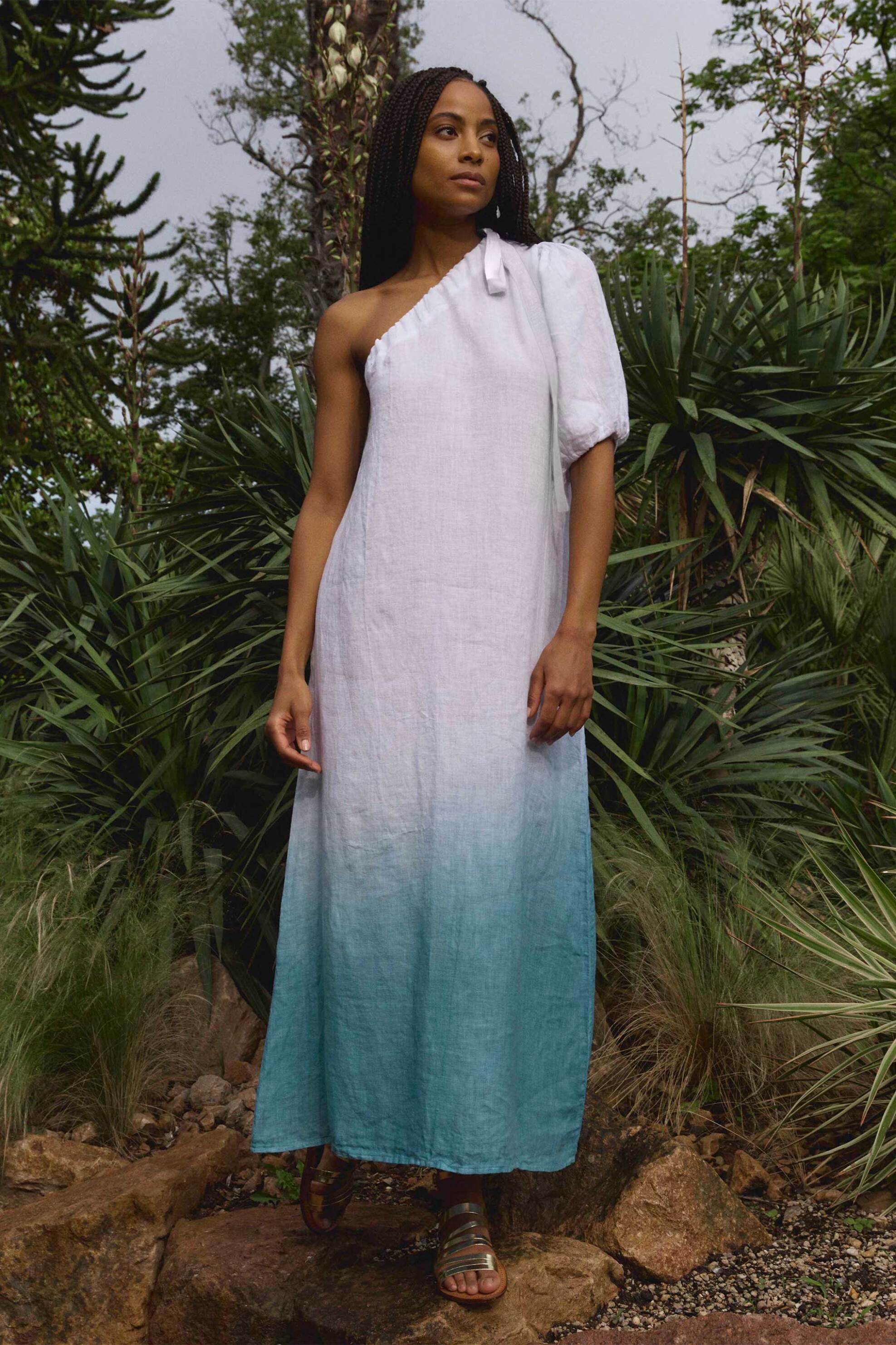 LA FEE MARABOUTEE La Fée Maraboutée γυναικείο maxi φόρεμα με ένα ώμο tie-dye - FJ-RO-DIANALA-L Λευκό