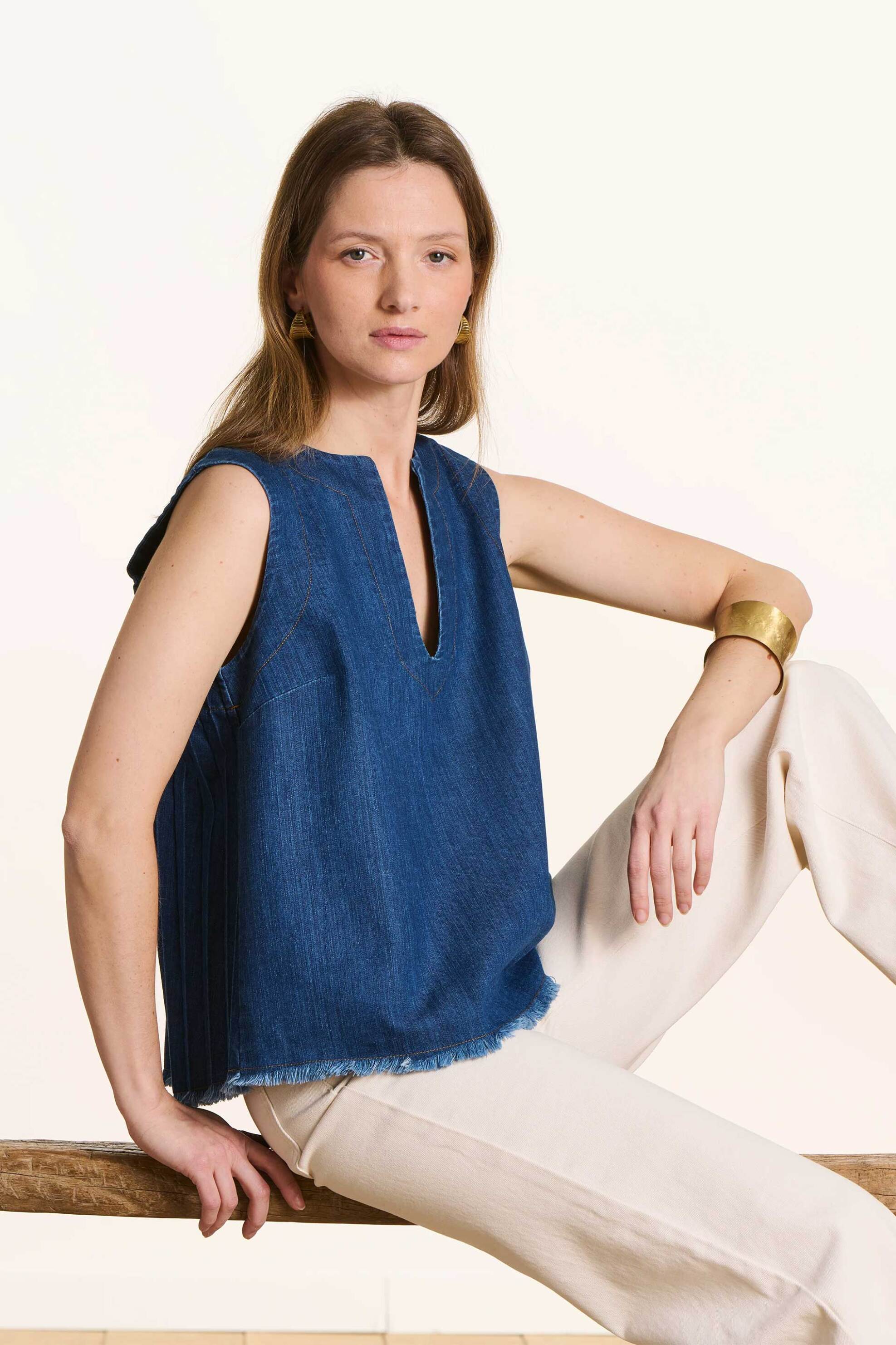 La Fée Maraboutée γυναικείο τοπ denim αμάνικο - FL-TO-FOTO-D Denim Blue