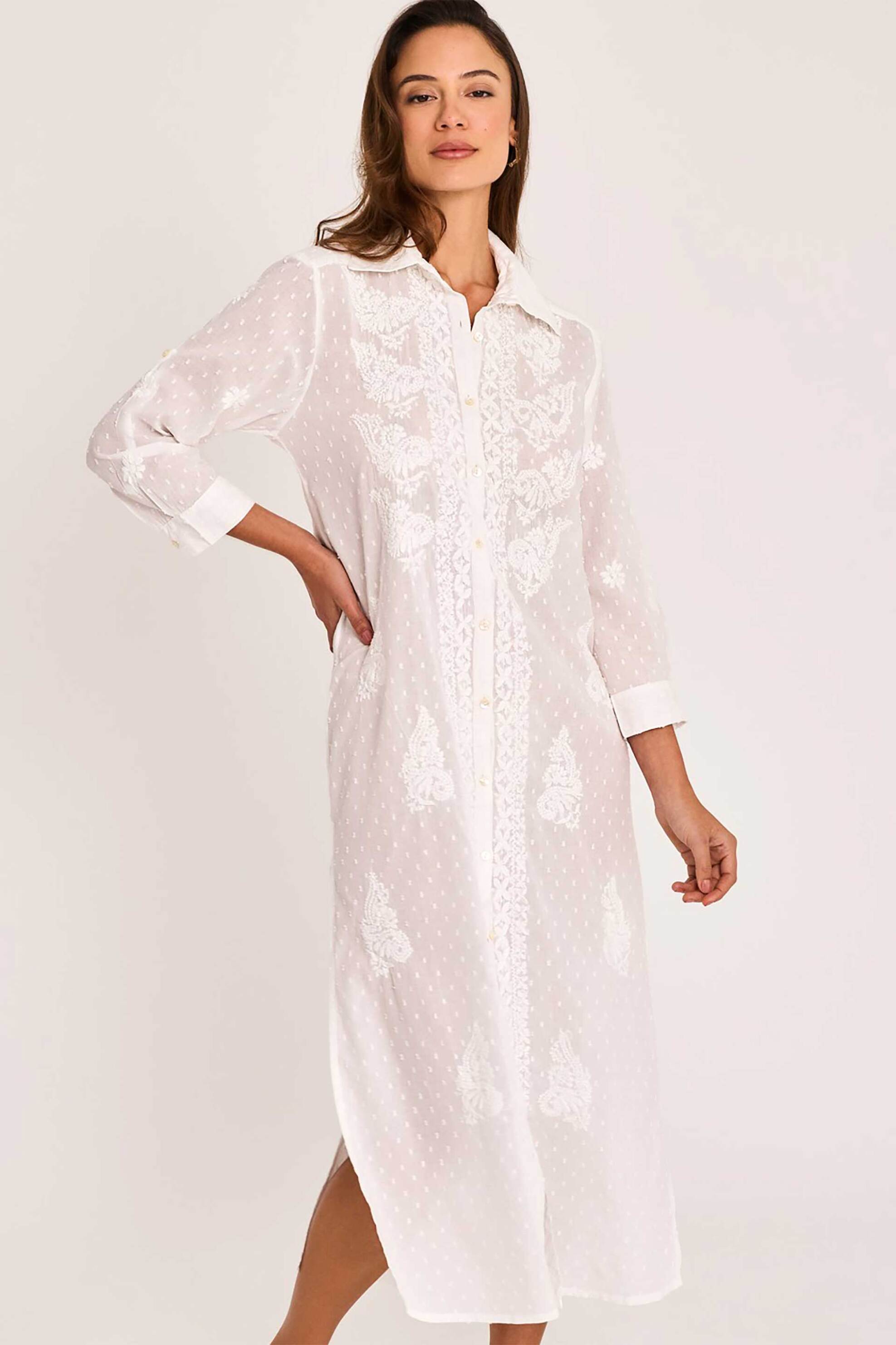 Selmark γυναικείο midi φόρεμα σεμιζιέ με ανάγλυφο σχέδιο - SELM-BC233-126 Λευκό