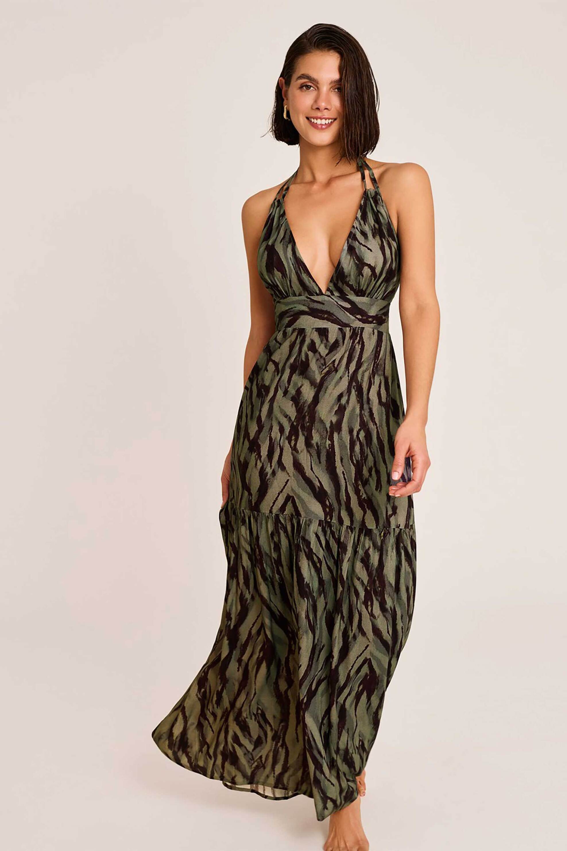 Selmark γυναικείο maxi αμάνικο φόρεμα με all-over print - SELM-BO095-126 Χακί