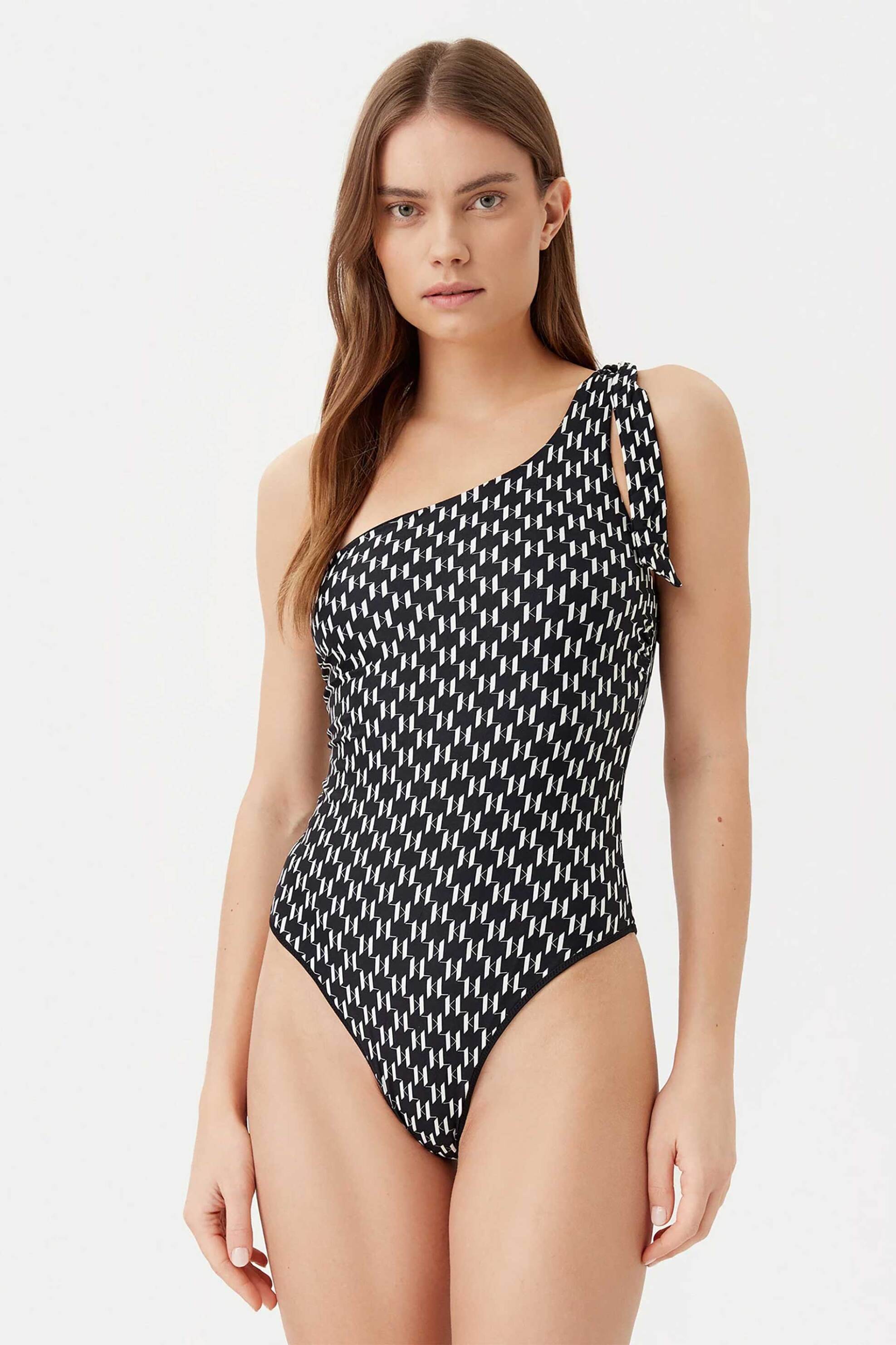  Karl Lagerfeld γυναικείο μαγιό ολόσωμο με έναν ώμο και all-over monogram print - A1W46043 Μαύρο 2025