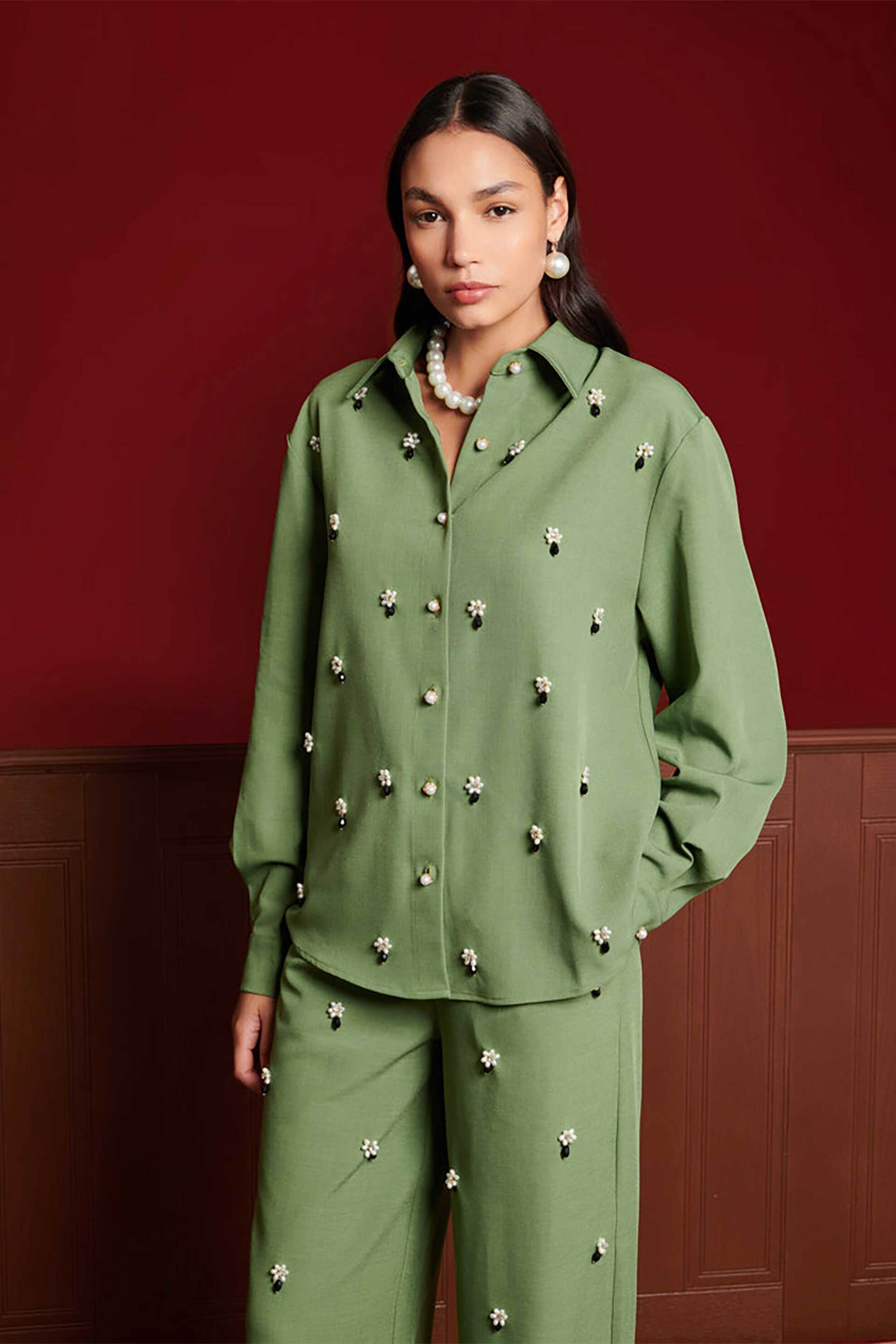 SISTER JANE Sister Jane γυναικείο πουκάμισο με κέντημα "Formosa Embellished" - BLD165GRN Βεραμάν