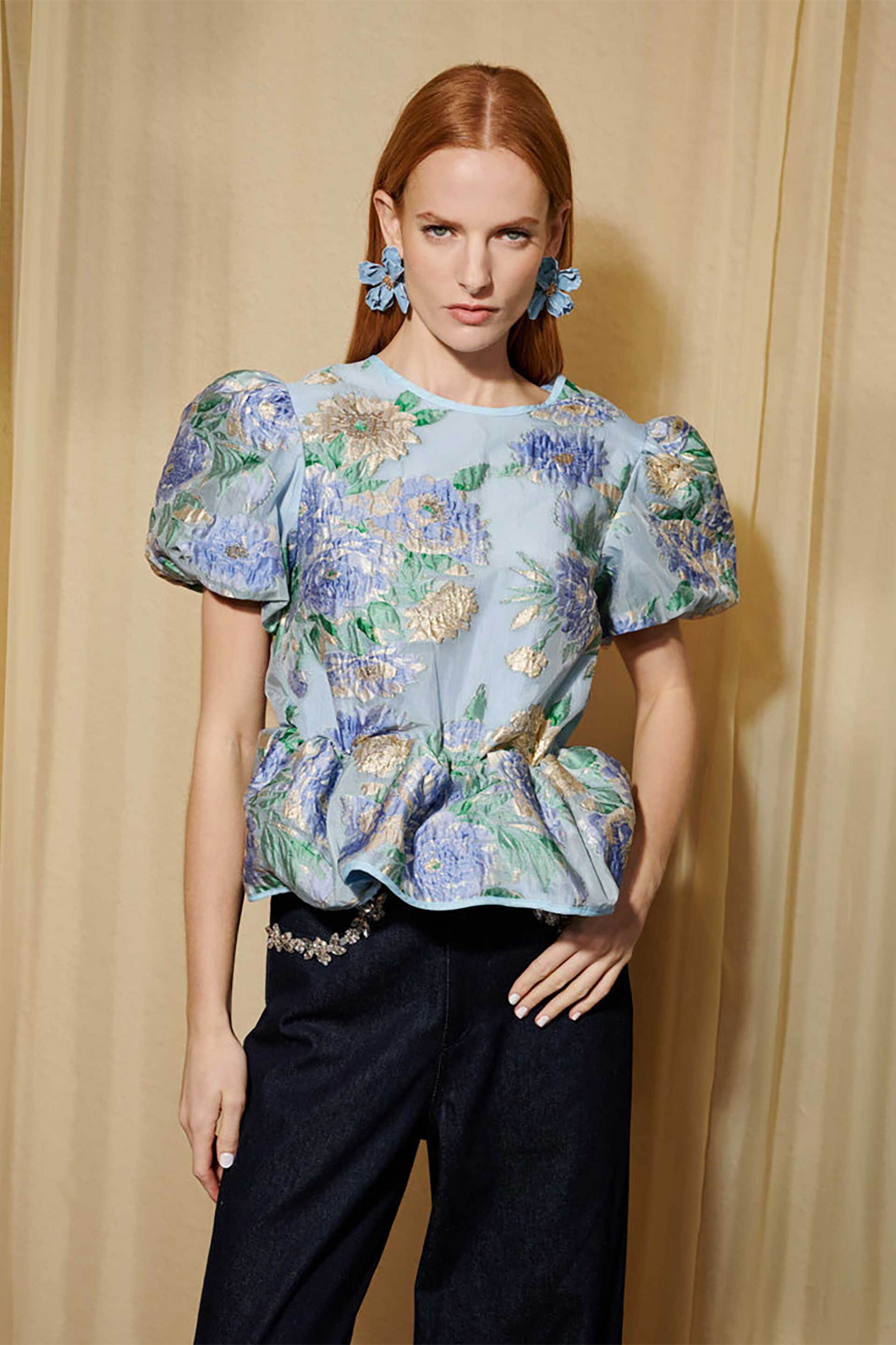 Sister Jane γυναικείο τοπ jacquard με balloon μανίκια "Dream Lilt Floral" - TOD172BLE Γαλάζιο