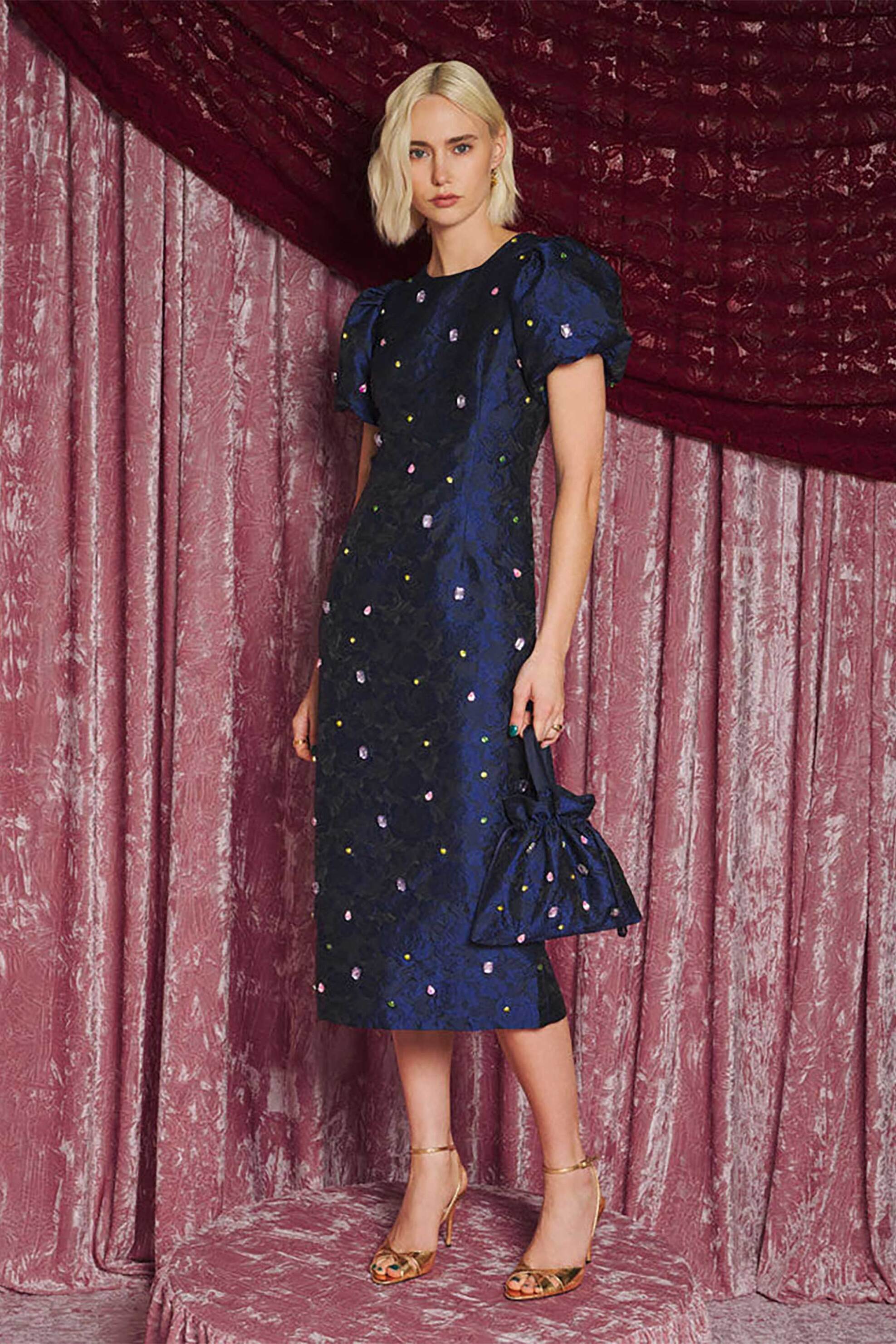 SISTER JANE Sister Jane γυναικείο midi φόρεμα jacquard με πέτρες "Cosmo Jewel" - DRD774NVY Μπλε