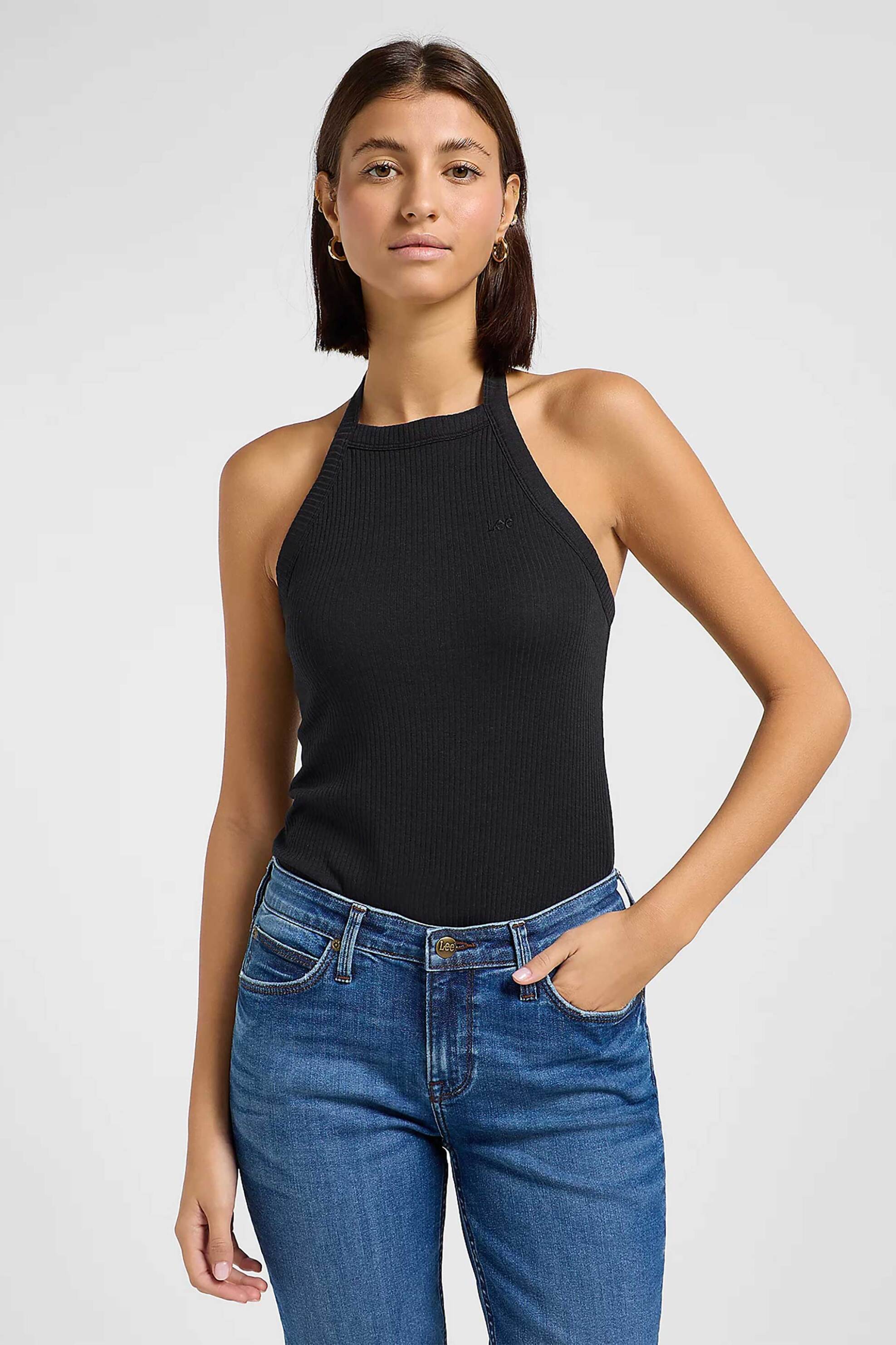 LEE Lee® γυναικείο αμάνικο τοπ ribbed μονόχρωμο Slim Fit "Halter" - 112363638 Μαύρο