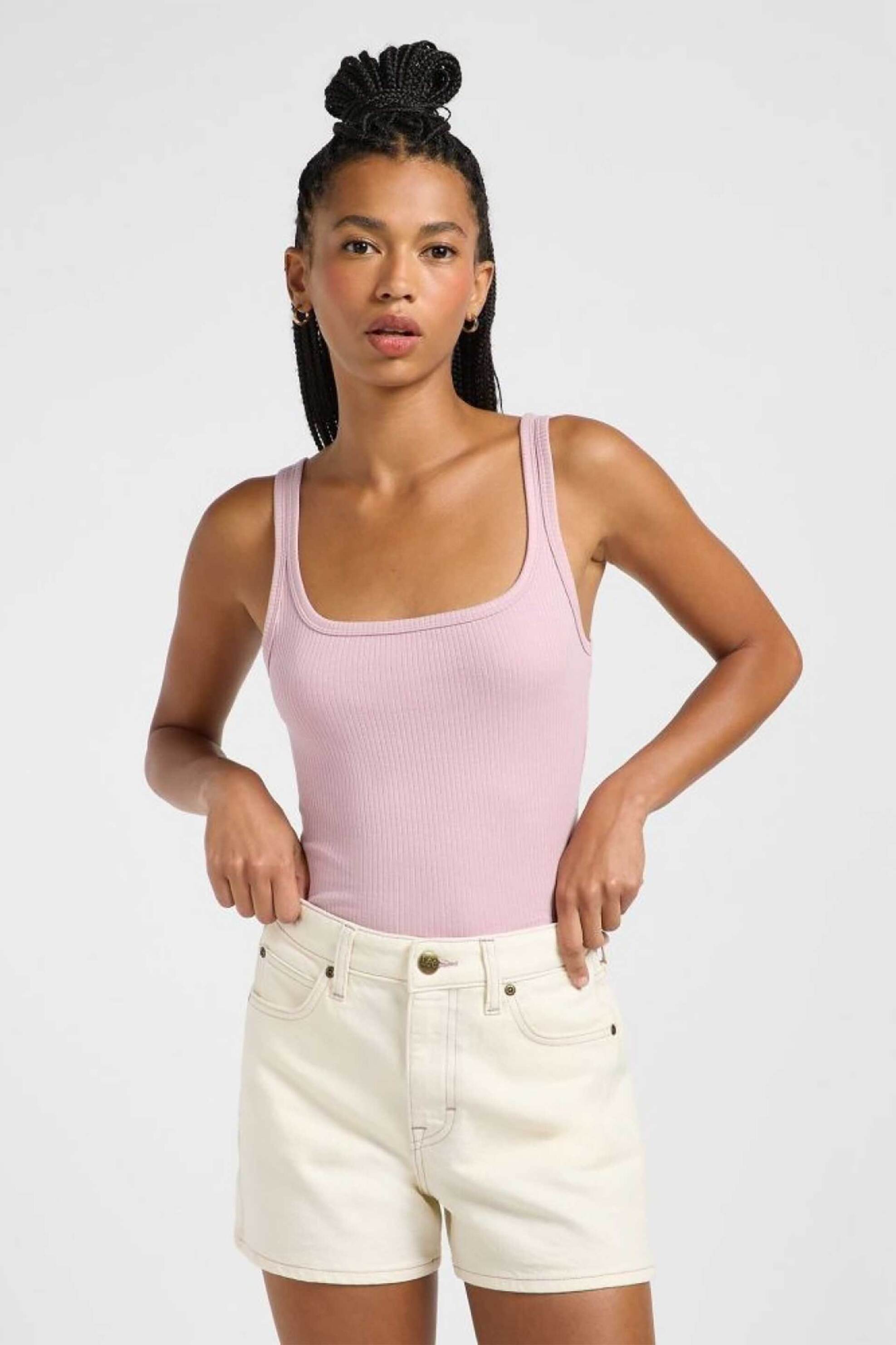 LEE Lee® γυναικείο τοπ αμάνικο μονόχρωμο ribbed Slim Fit "Square Tank" - 112363644 Ροζ