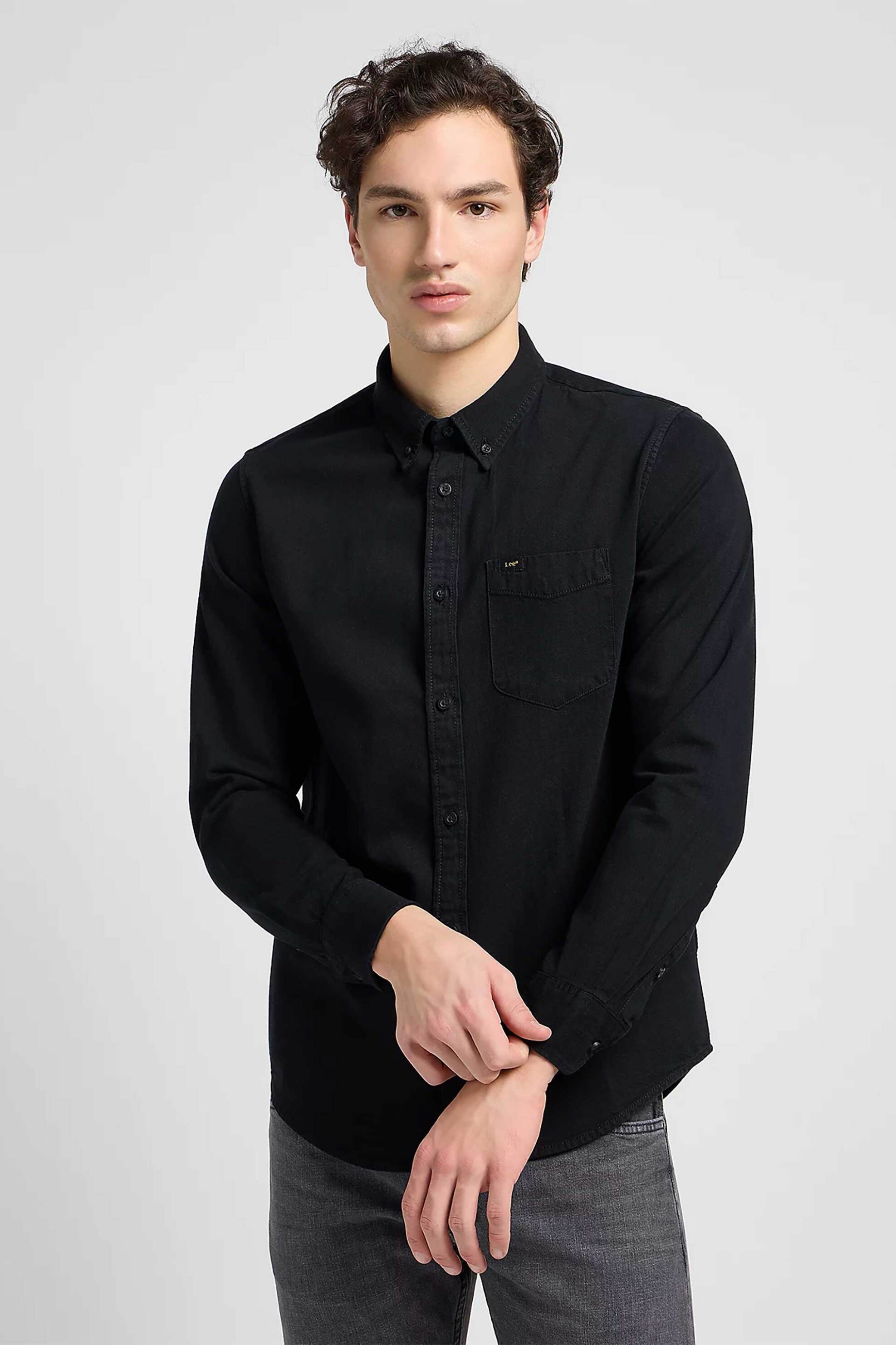 Lee® ανδρικό πουκάμισο κοτλέ μονόχρωμο με button down Regular Fit "Lessure" - 112330674 Μαύρο