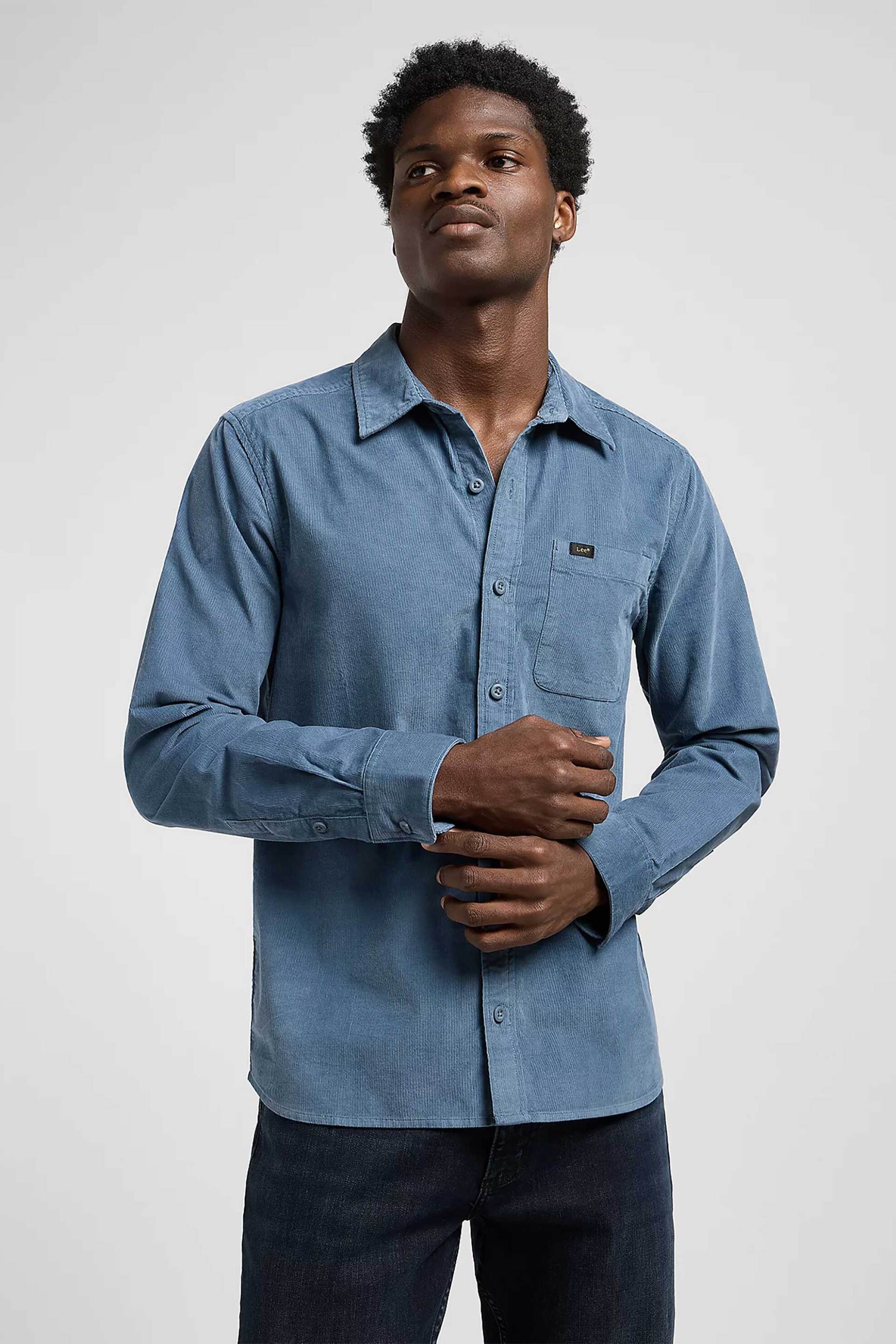 Lee® ανδρικό κοτλέ πουκάμισο μονόχρωμο με τσέπη και λογότυπο Regular Fit "Leesure" - 112370556 Μπλε
