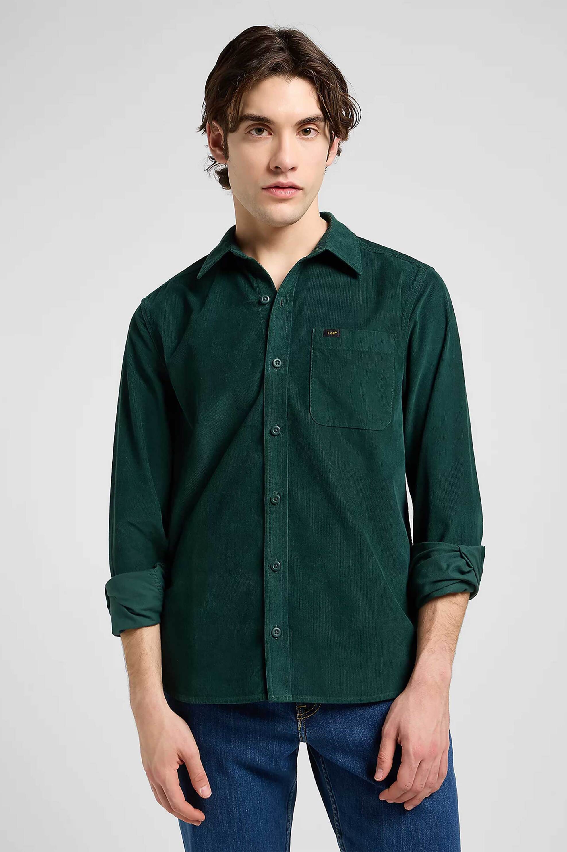 Lee® ανδρικό κοτλέ πουκάμισο μονόχρωμο με τσέπη και λογότυπο Regular Fit "Leesure" - 112370557 Κυπαρισσί