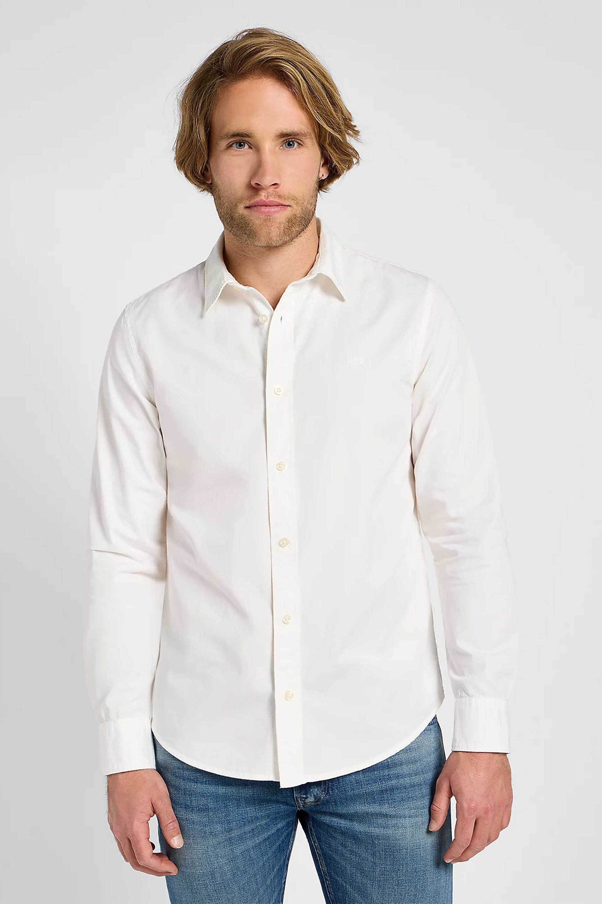 Lee® ανδρικό πουκάμισο μονόχρωμο με κεντημένο λογότυπο Regular Fit - 112333654 Λευκό