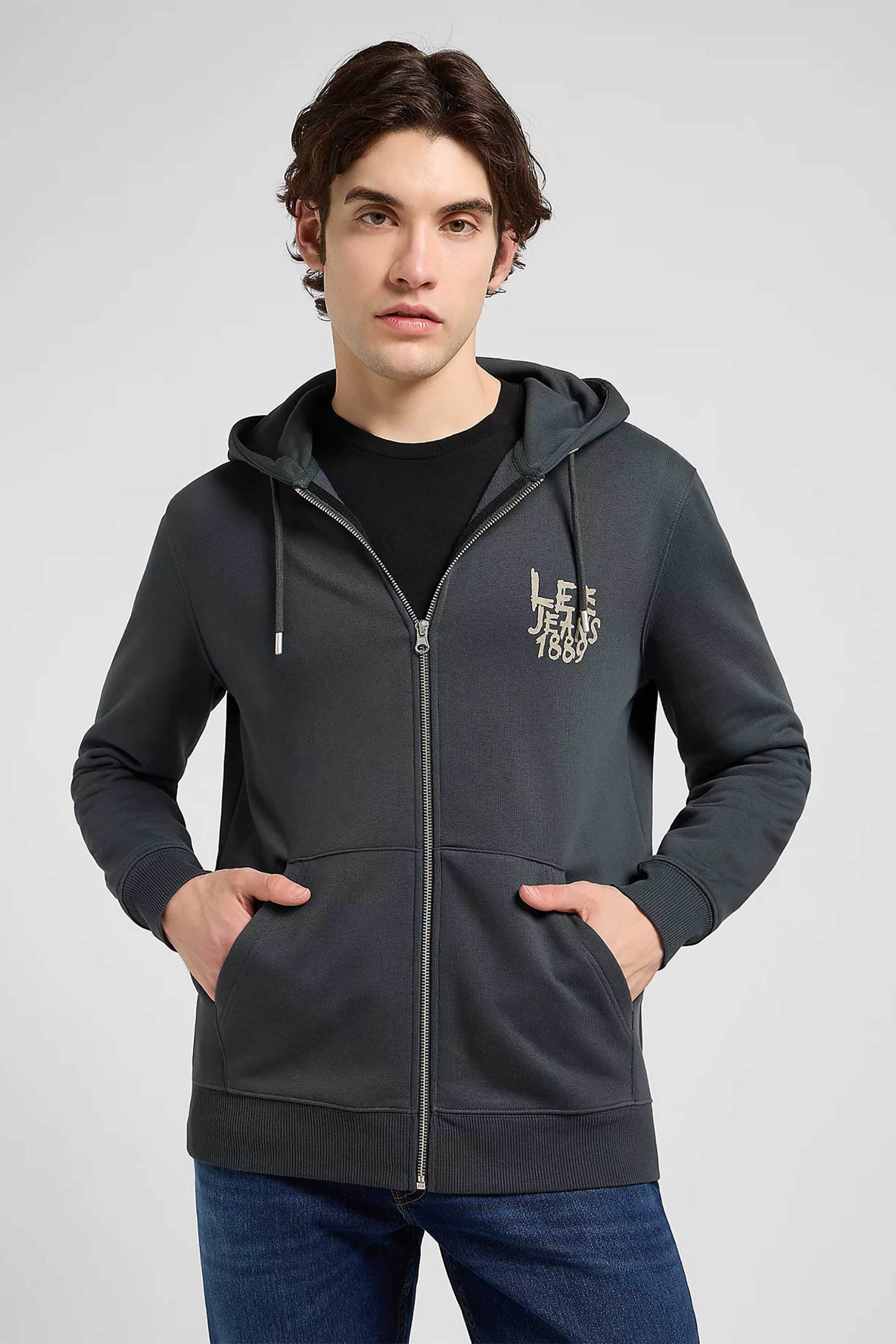 Lee® ανδρική ζακέτα φούτερ με κουκούλα και λογότυπο Regular Fit "Elevated Essential" - 112371841 Ανθρακί